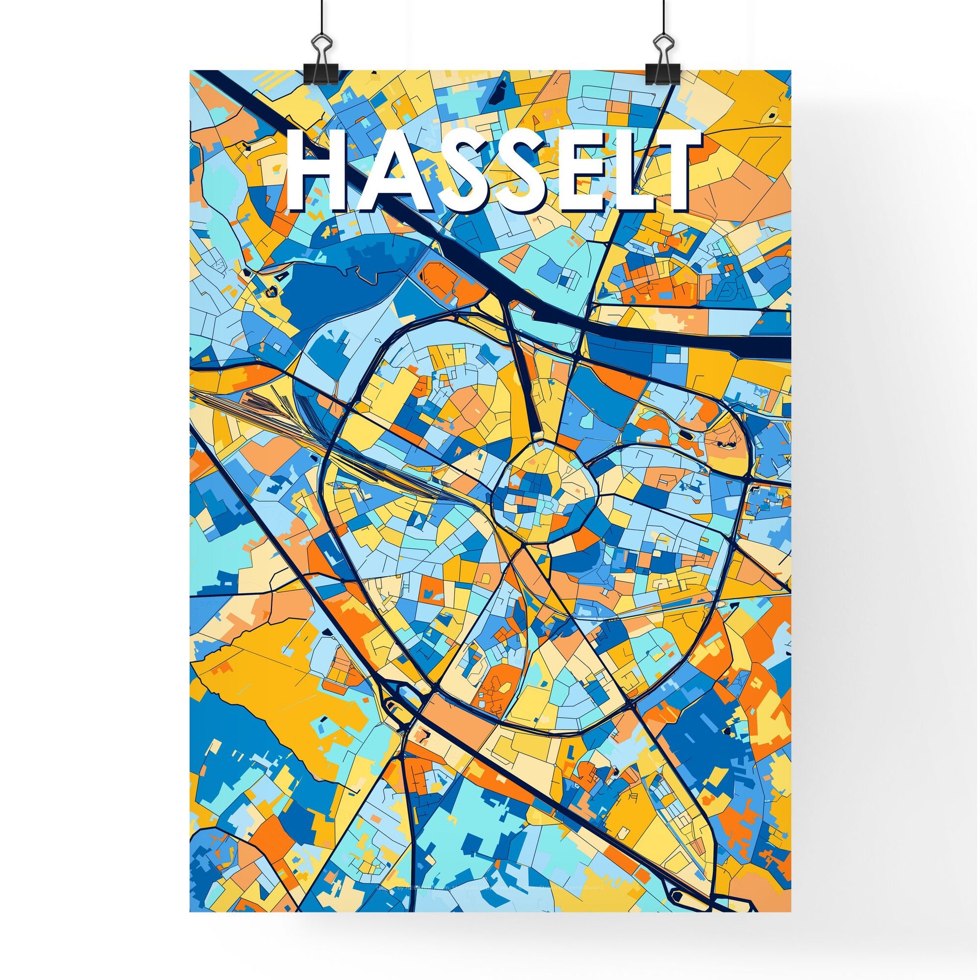 HASSELT BELGIUM Vibrant Colorful Art Map Poster Blue Orange