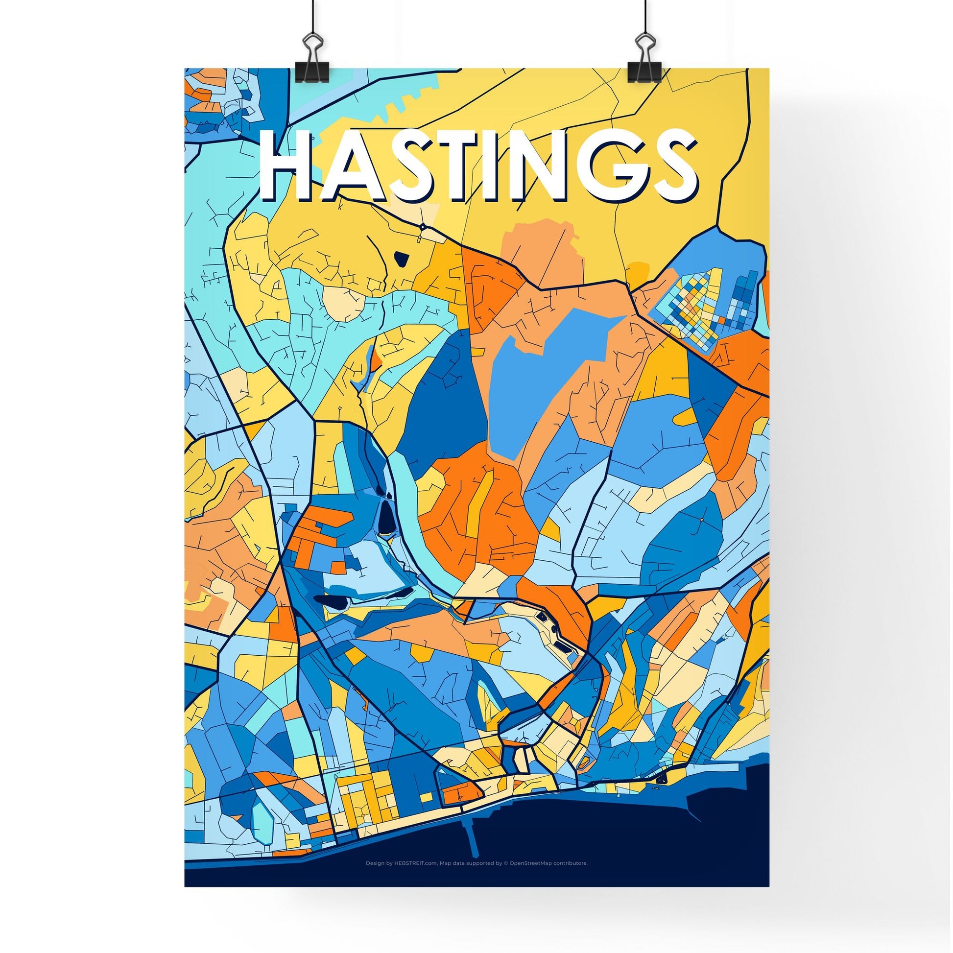 HASTINGS ENGLAND Vibrant Colorful Art Map Poster Blue Orange