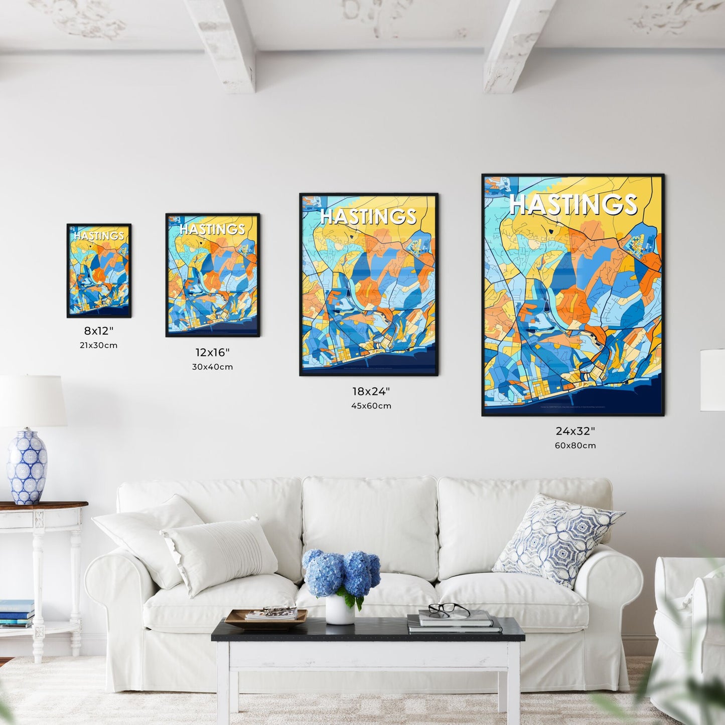 HASTINGS ENGLAND Vibrant Colorful Art Map Poster Blue Orange