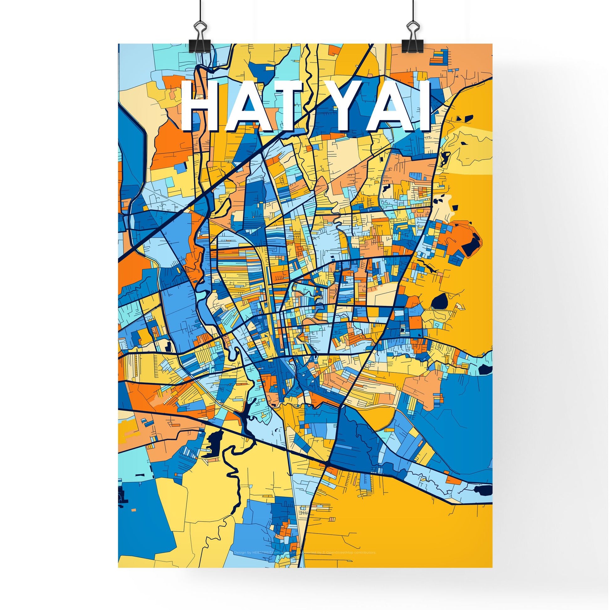 HAT YAI THAILAND Vibrant Colorful Art Map Poster Blue Orange