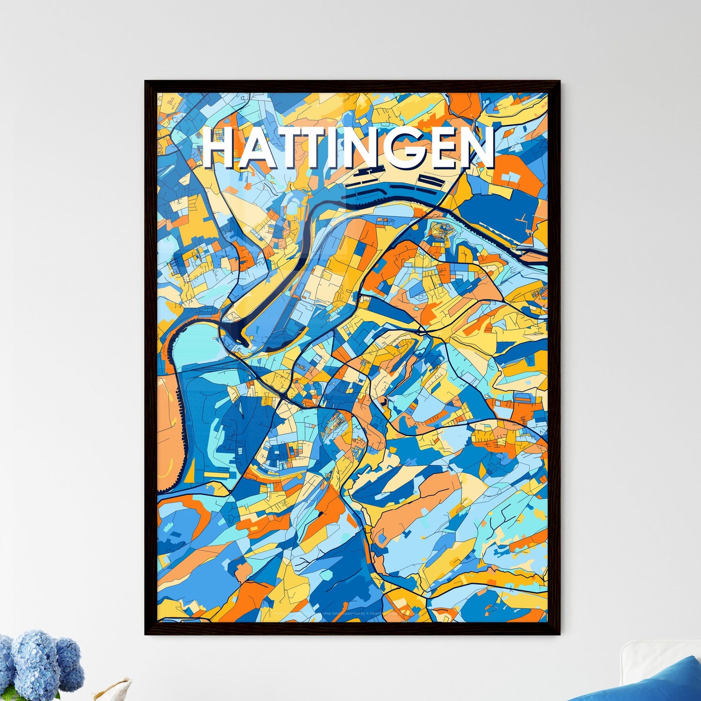 HATTINGEN GERMANY Vibrant Colorful Art Map Poster Blue Orange