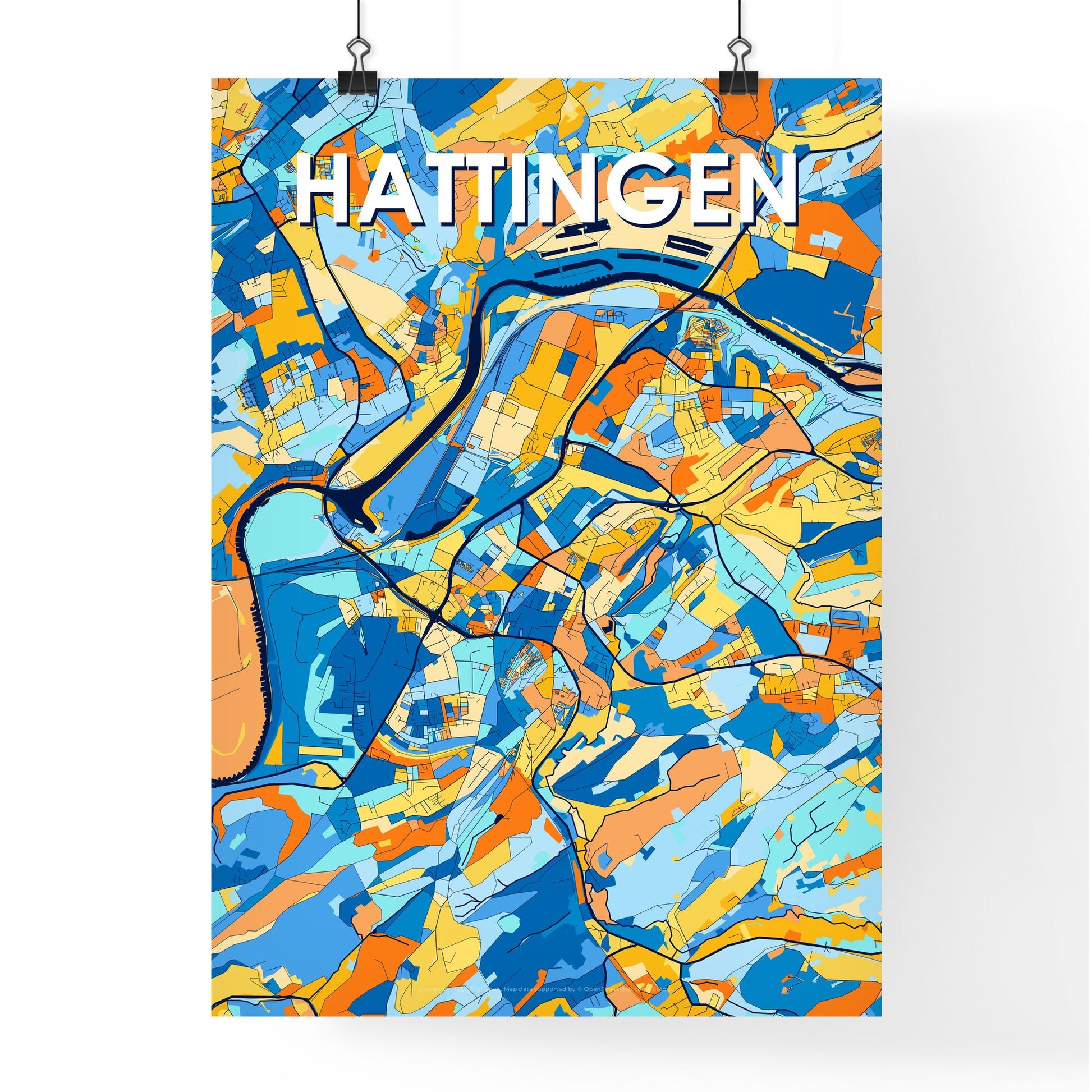 HATTINGEN GERMANY Vibrant Colorful Art Map Poster Blue Orange