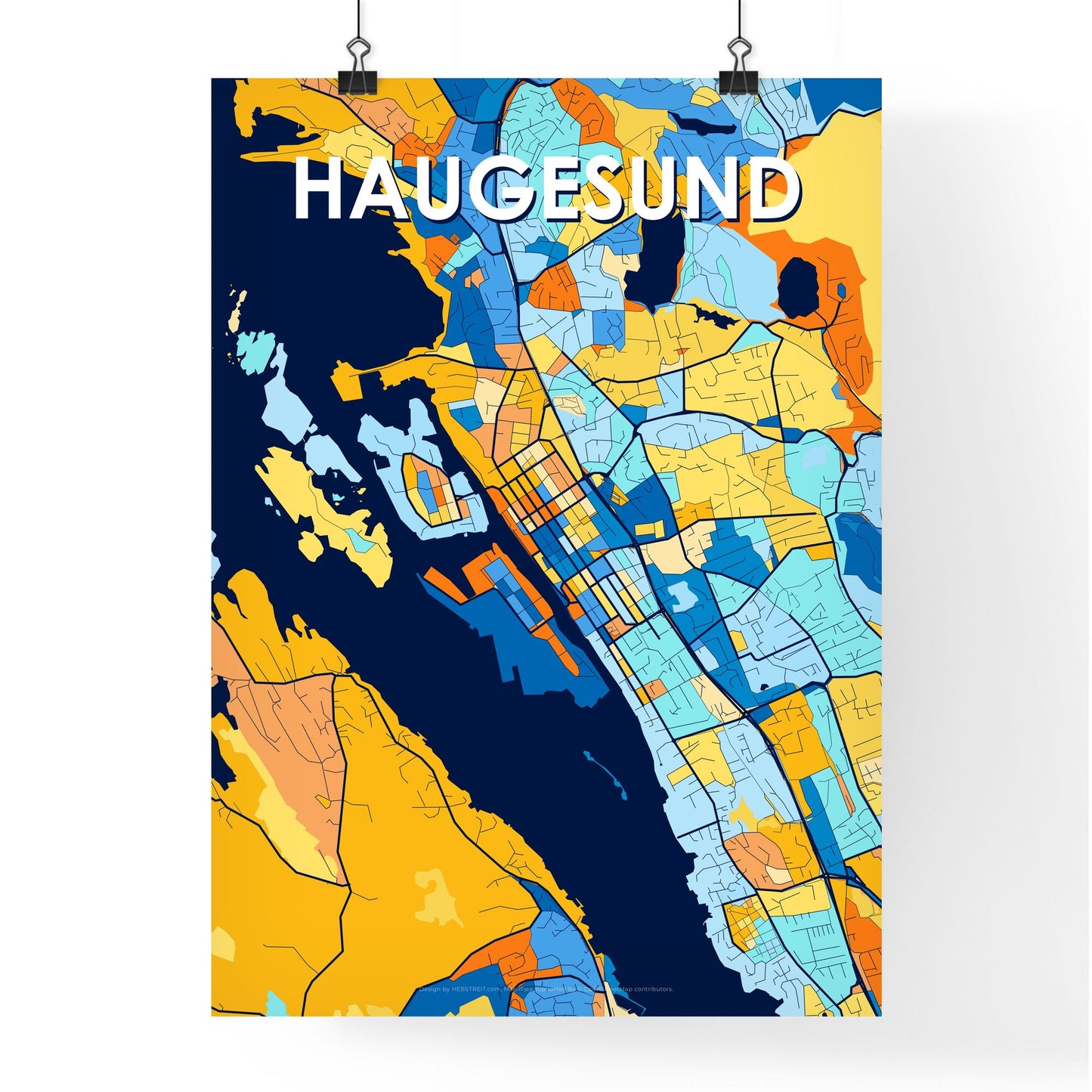 HAUGESUND NORWAY Vibrant Colorful Art Map Poster Blue Orange