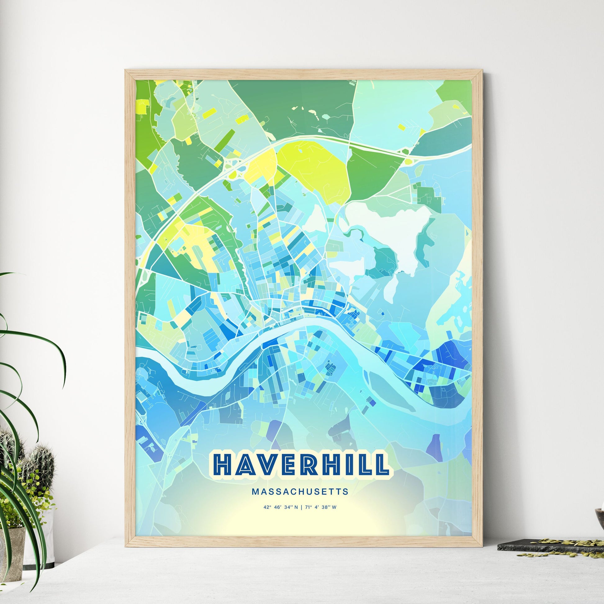 Colorful Haverhill Massachusetts Fine Art Map Cool Blue