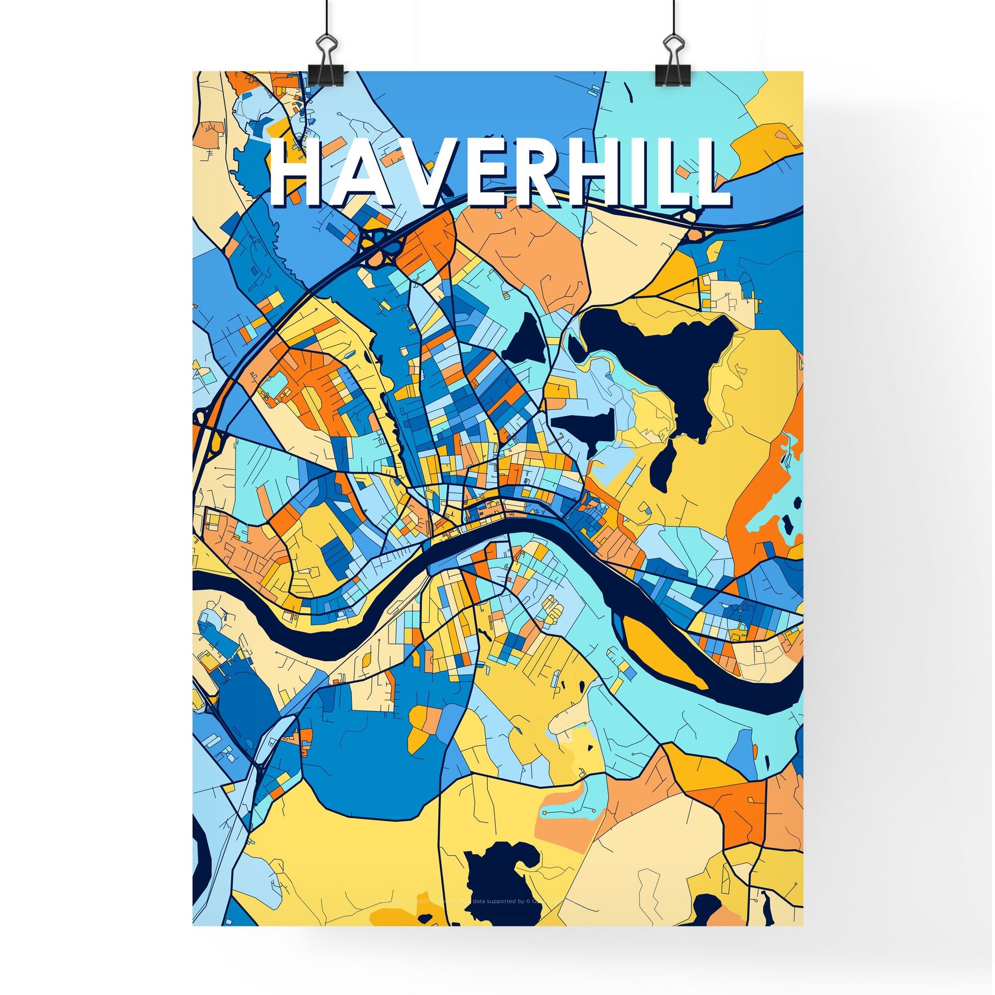 HAVERHILL MASSACHUSETTS Vibrant Colorful Art Map Poster Blue Orange