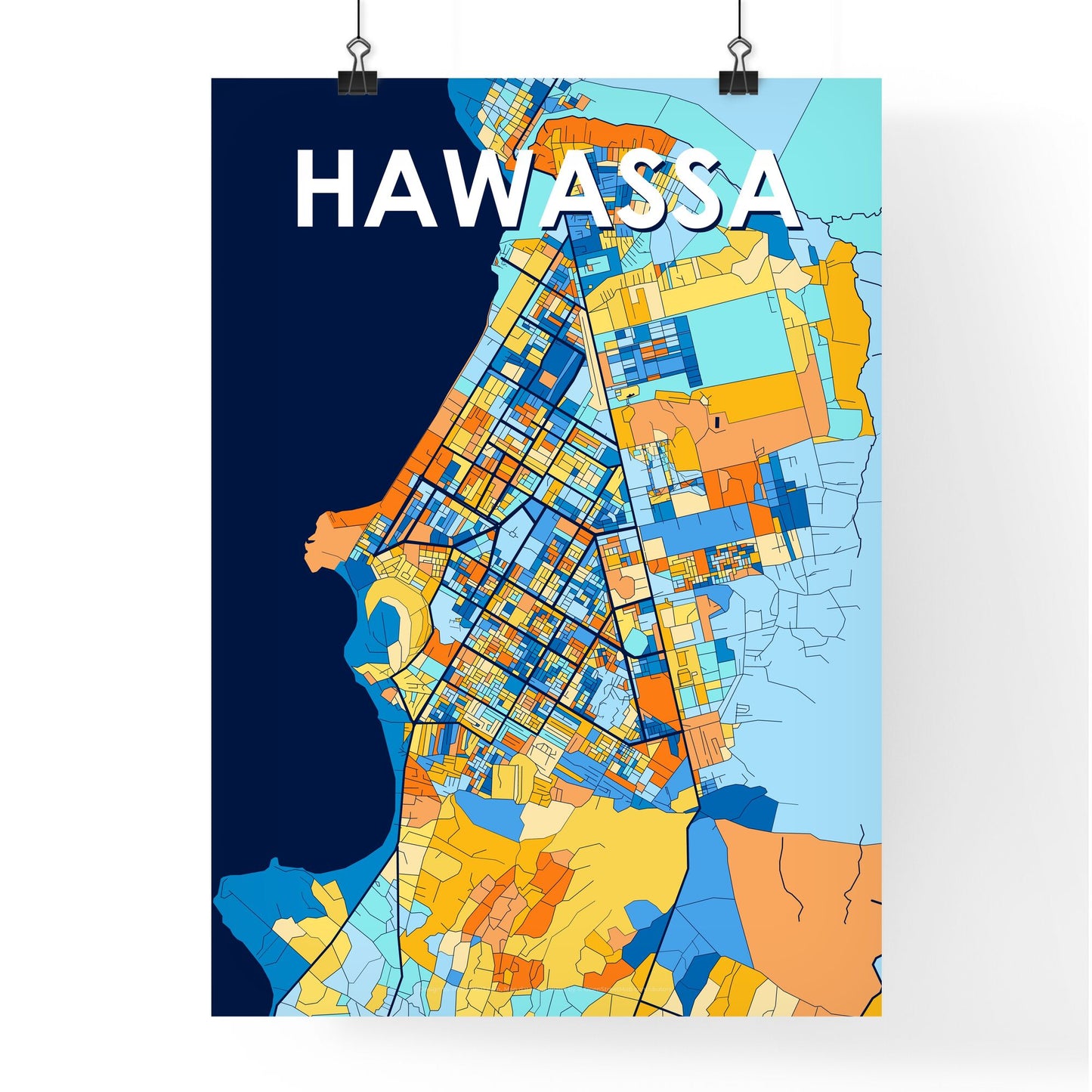 HAWASSA ETHIOPIA Vibrant Colorful Art Map Poster Blue Orange