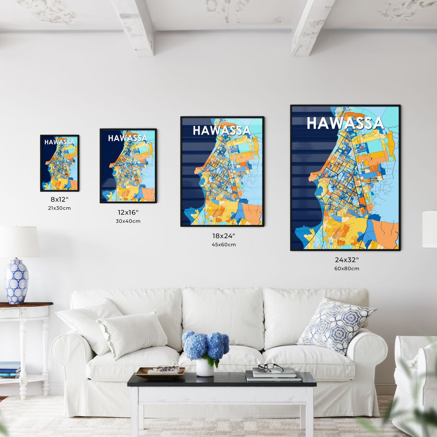 HAWASSA ETHIOPIA Vibrant Colorful Art Map Poster Blue Orange