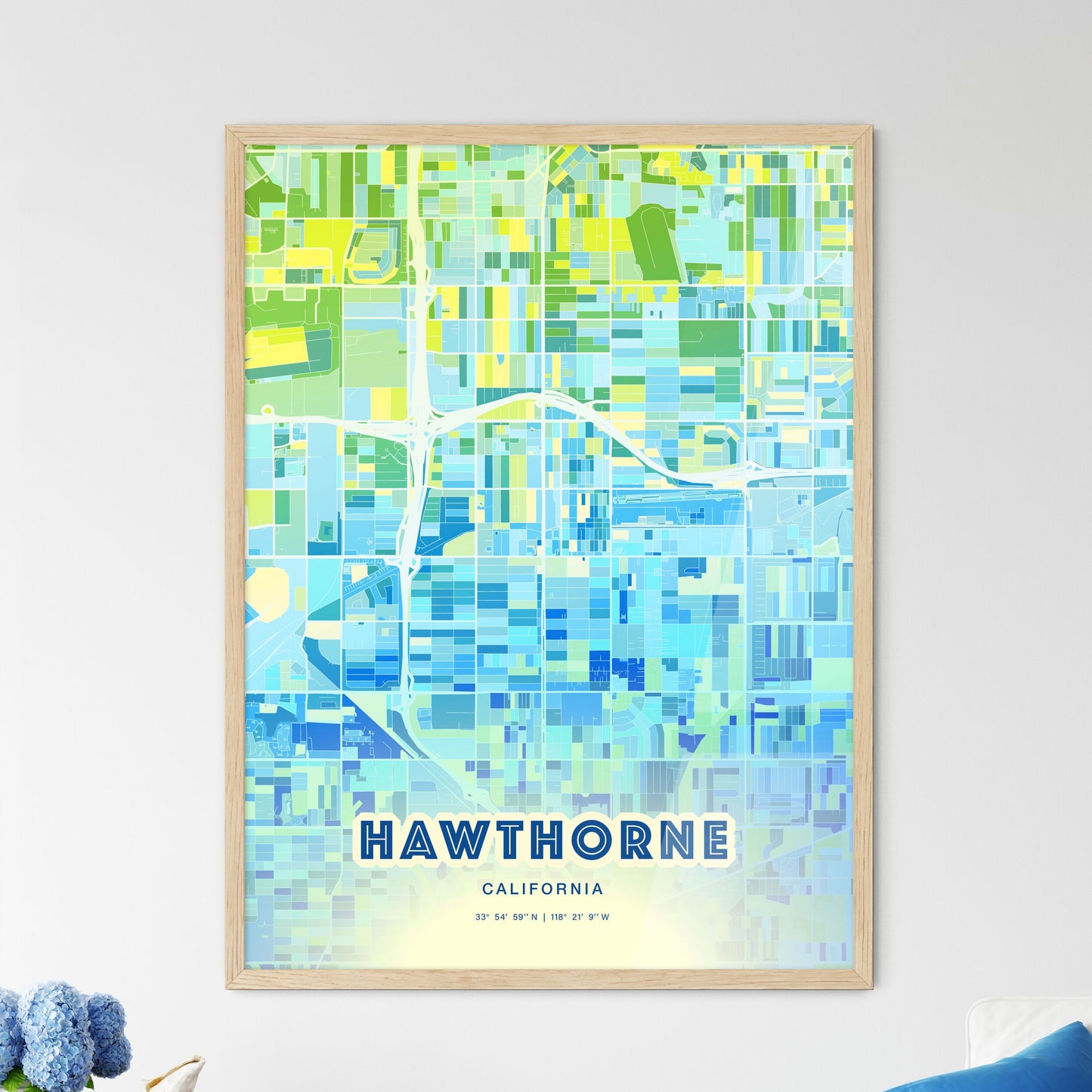 Colorful Hawthorne California Fine Art Map Cool Blue