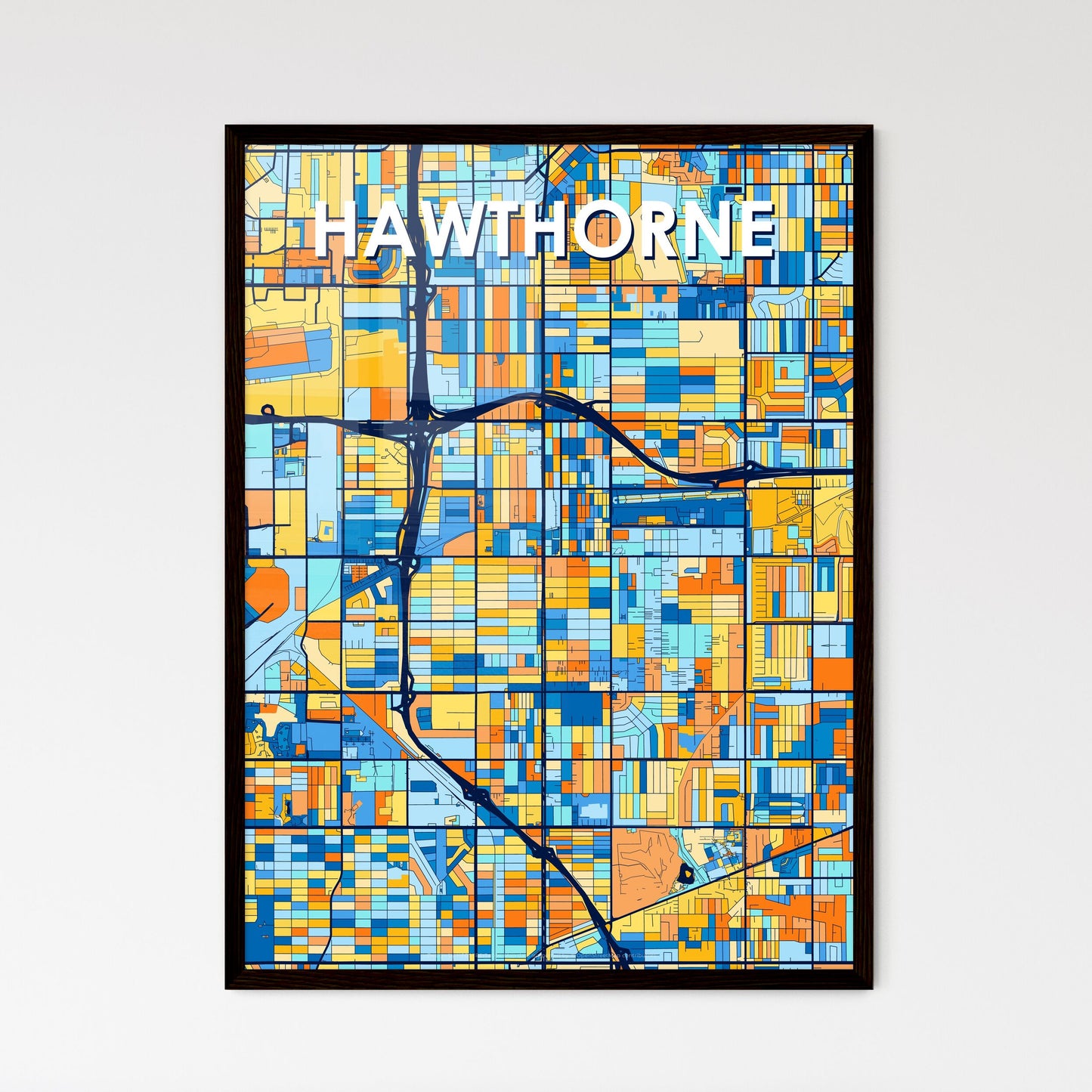 HAWTHORNE CALIFORNIA Vibrant Colorful Art Map Poster Blue Orange