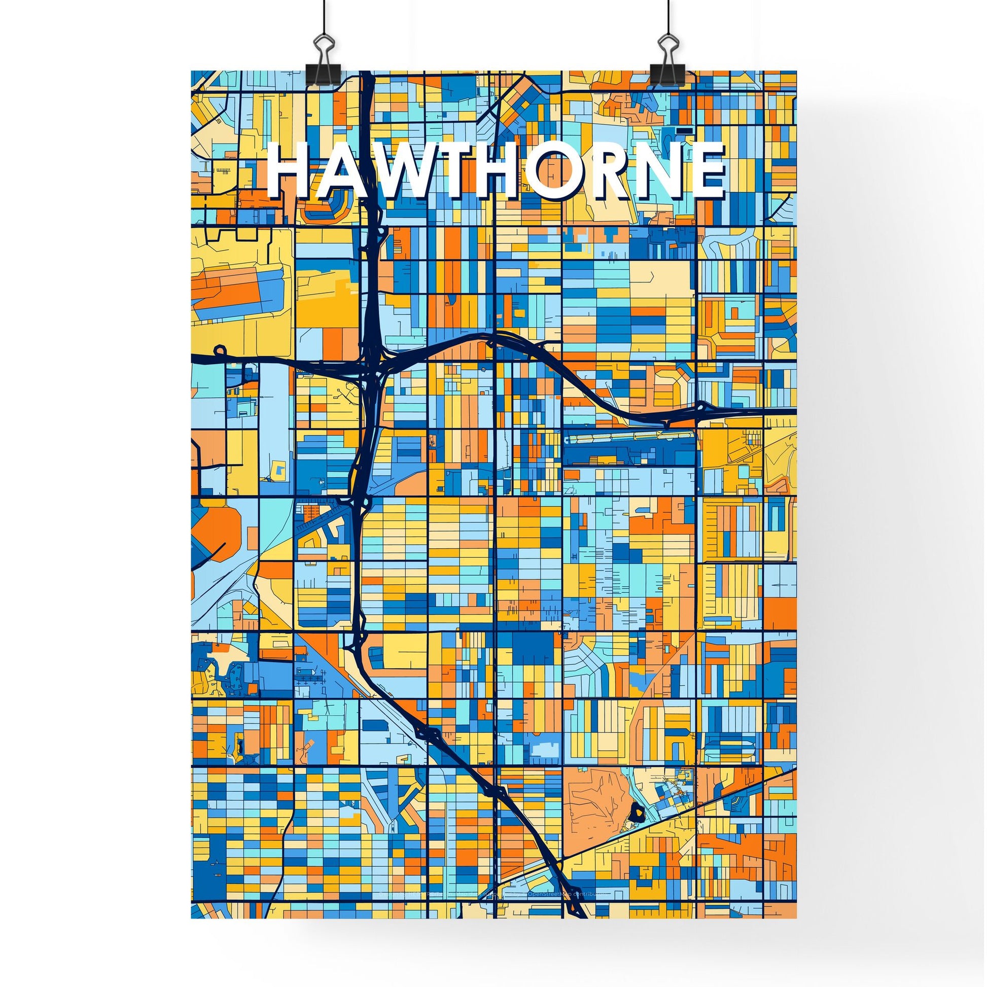 HAWTHORNE CALIFORNIA Vibrant Colorful Art Map Poster Blue Orange