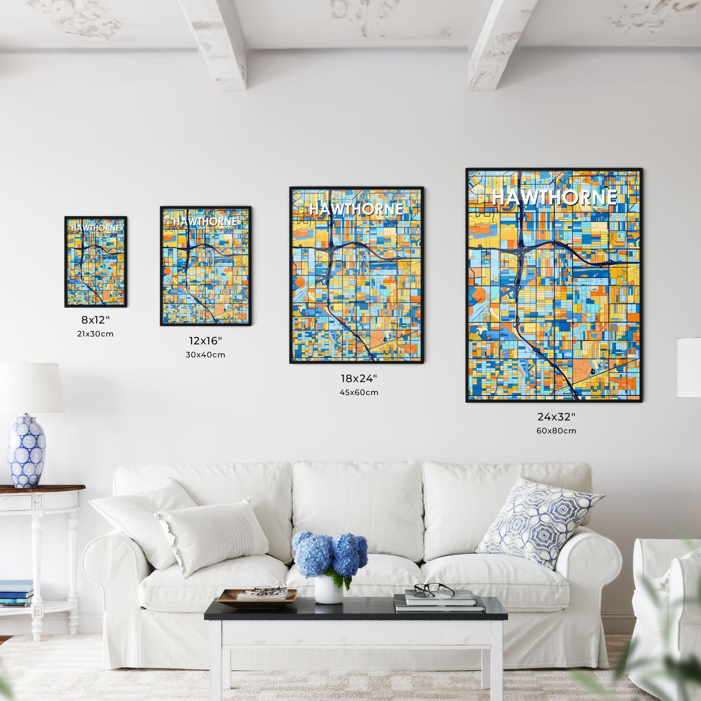 HAWTHORNE CALIFORNIA Vibrant Colorful Art Map Poster Blue Orange