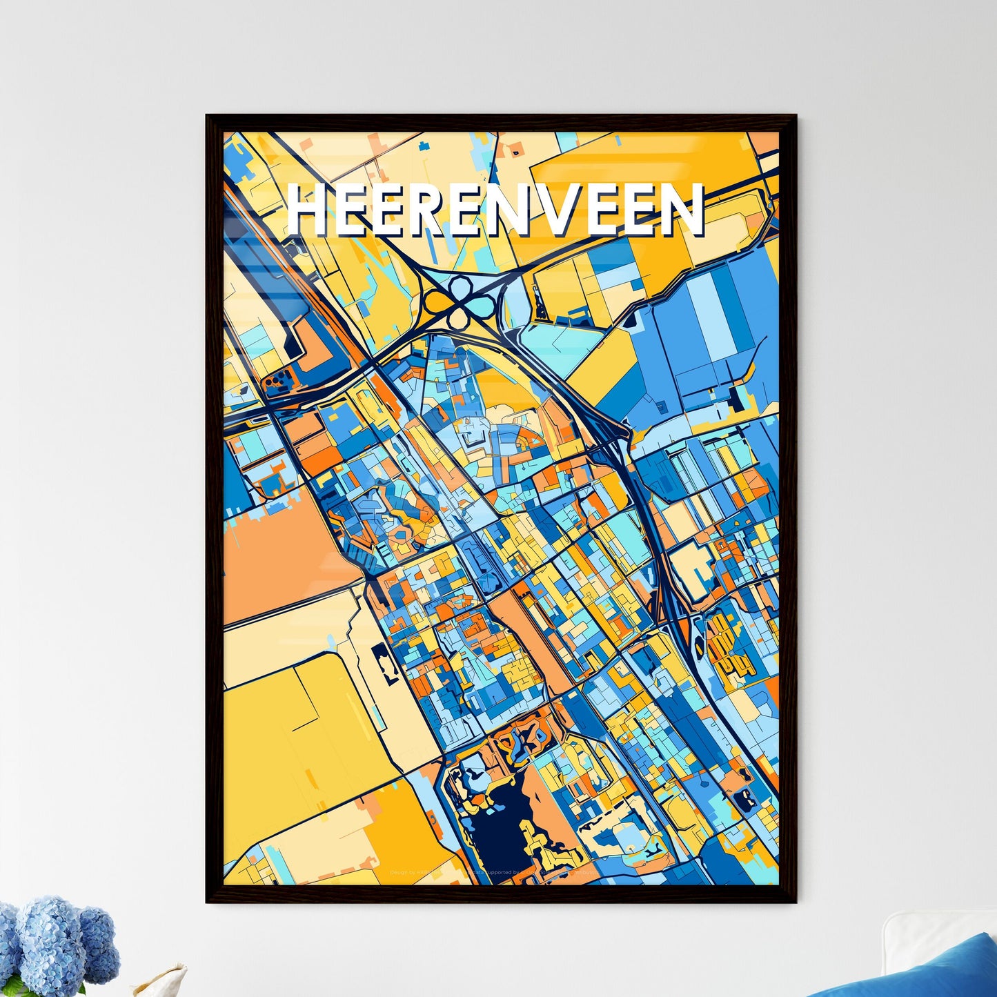 HEERENVEEN NETHERLANDS Vibrant Colorful Art Map Poster Blue Orange