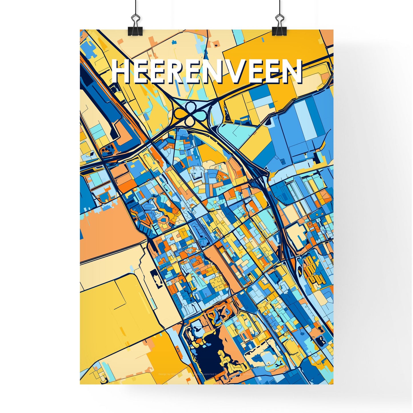 HEERENVEEN NETHERLANDS Vibrant Colorful Art Map Poster Blue Orange