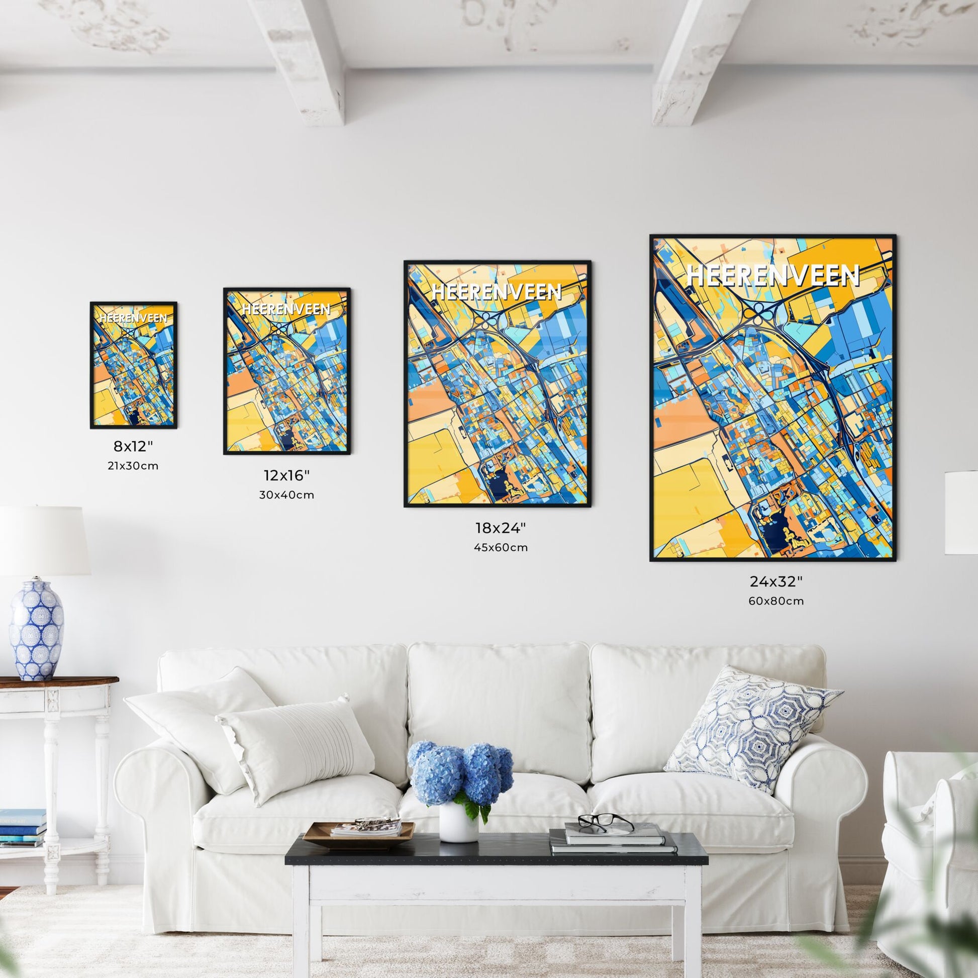 HEERENVEEN NETHERLANDS Vibrant Colorful Art Map Poster Blue Orange