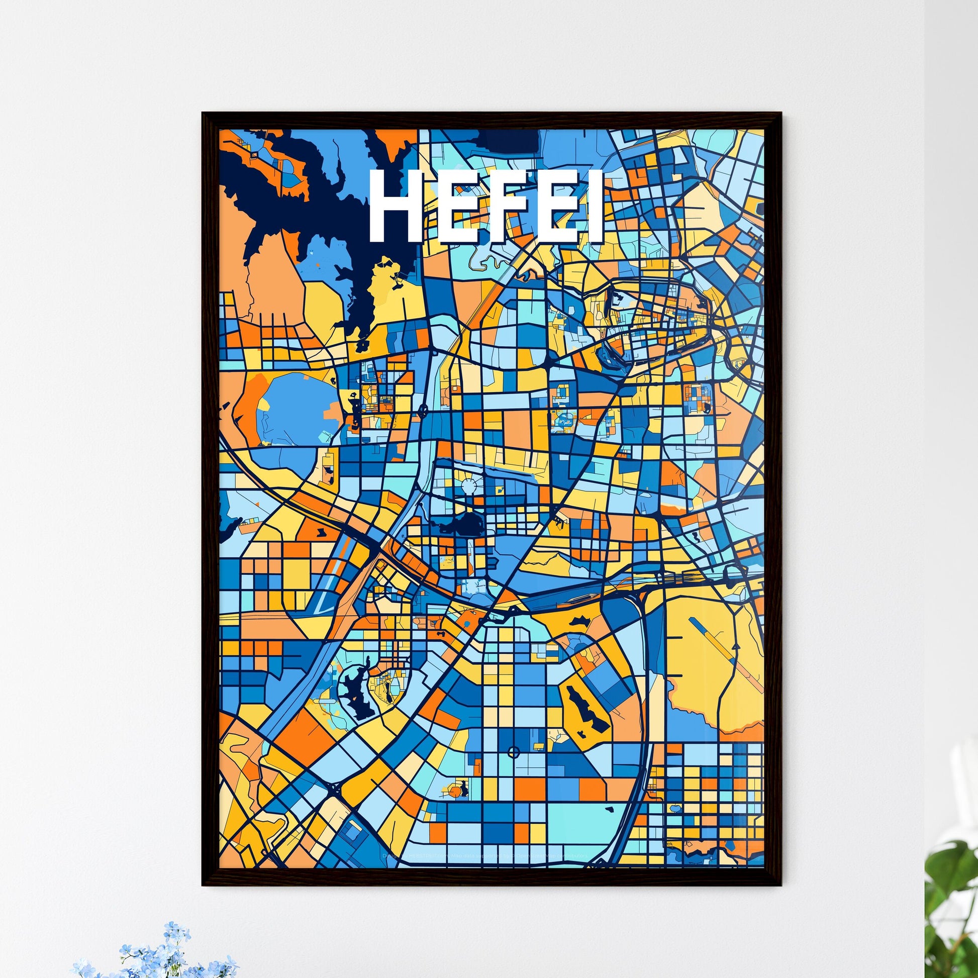 HEFEI CHINA Vibrant Colorful Art Map Poster Blue Orange