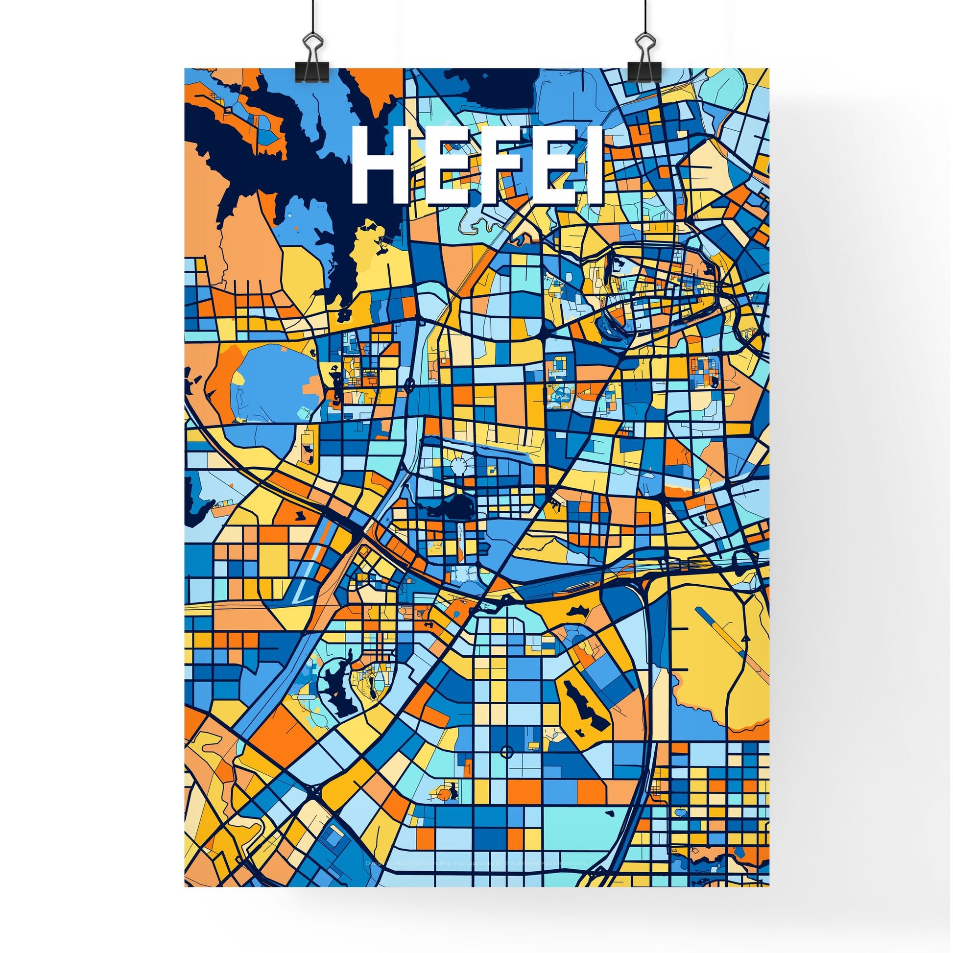 HEFEI CHINA Vibrant Colorful Art Map Poster Blue Orange