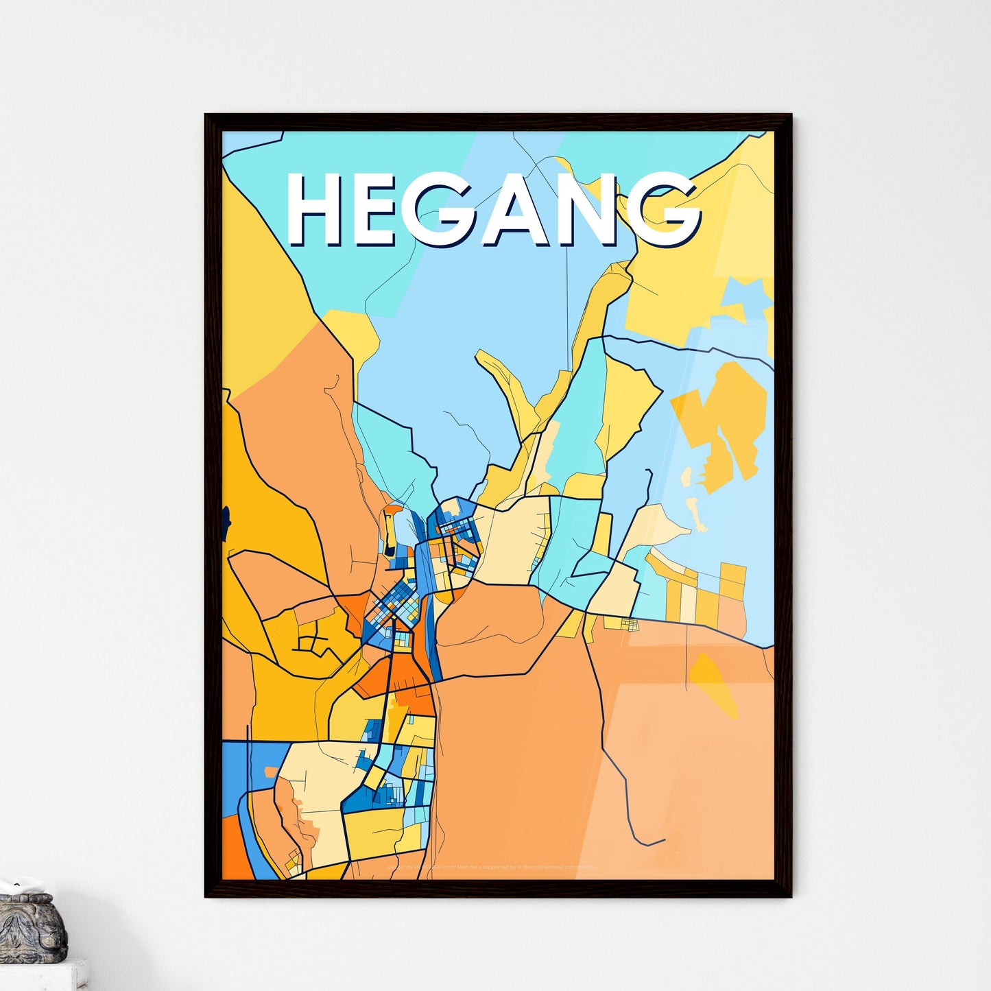 HEGANG CHINA Vibrant Colorful Art Map Poster Blue Orange