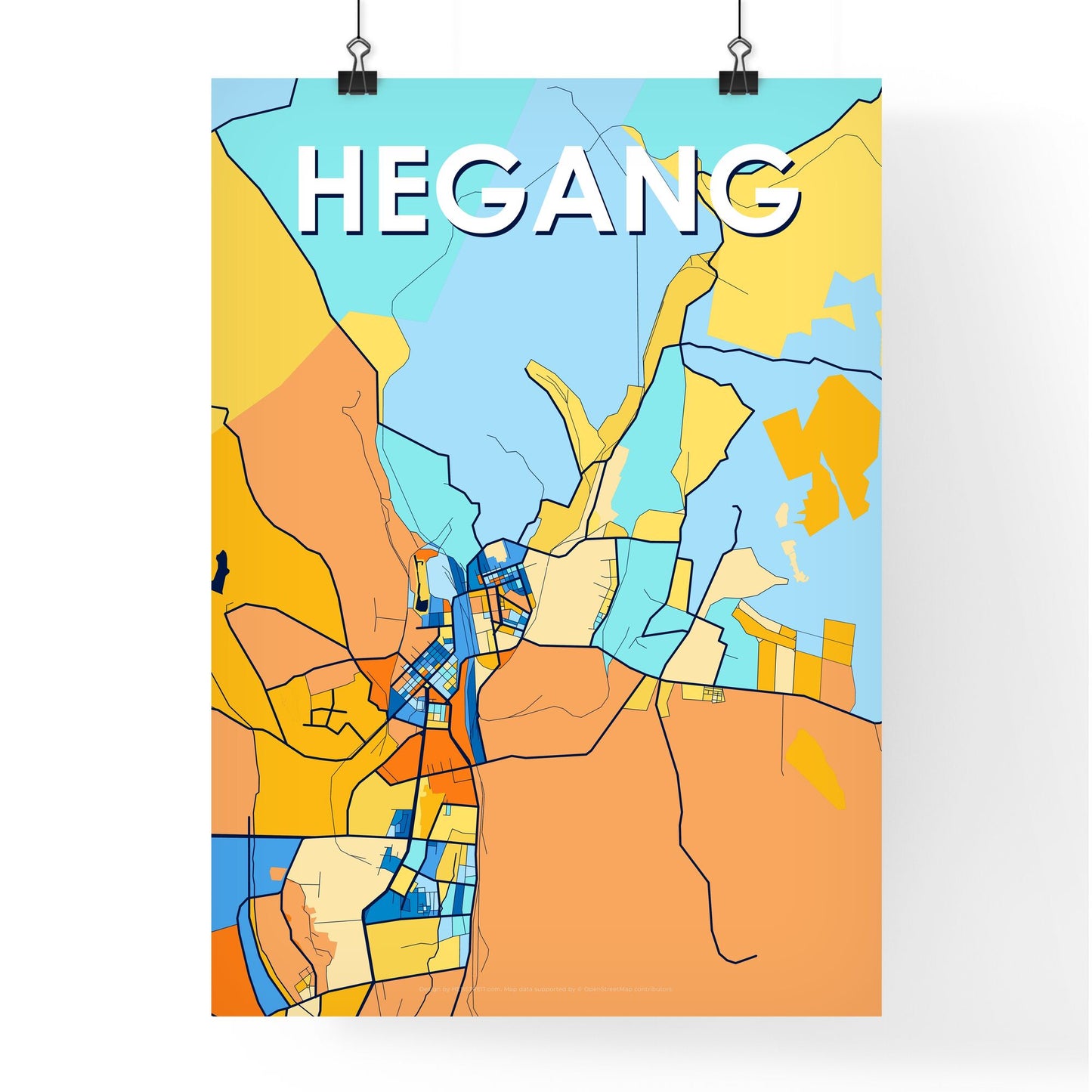 HEGANG CHINA Vibrant Colorful Art Map Poster Blue Orange