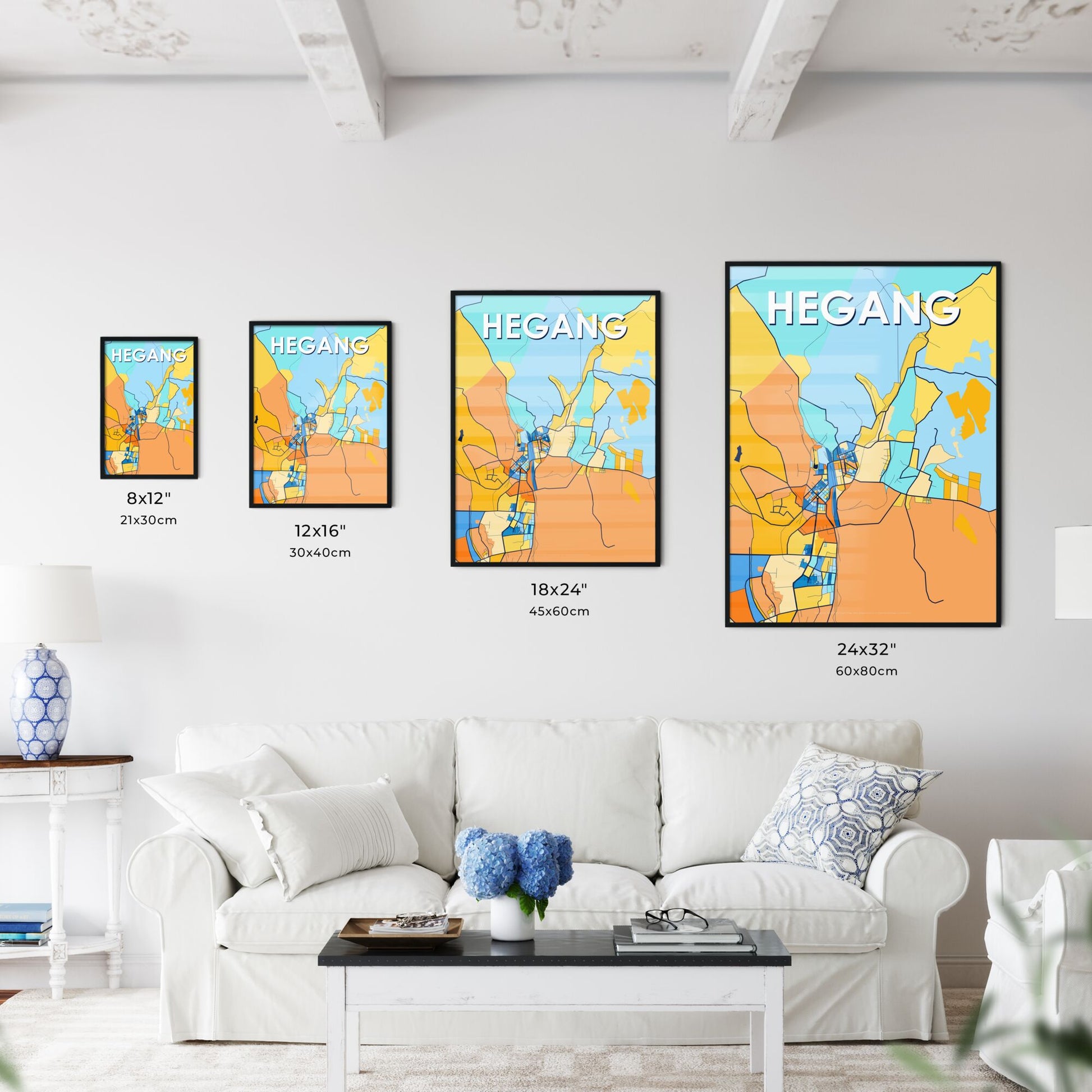 HEGANG CHINA Vibrant Colorful Art Map Poster Blue Orange