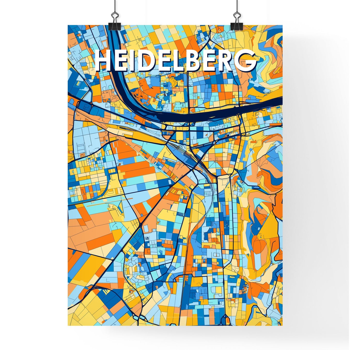 HEIDELBERG GERMANY Vibrant Colorful Art Map Poster Blue Orange