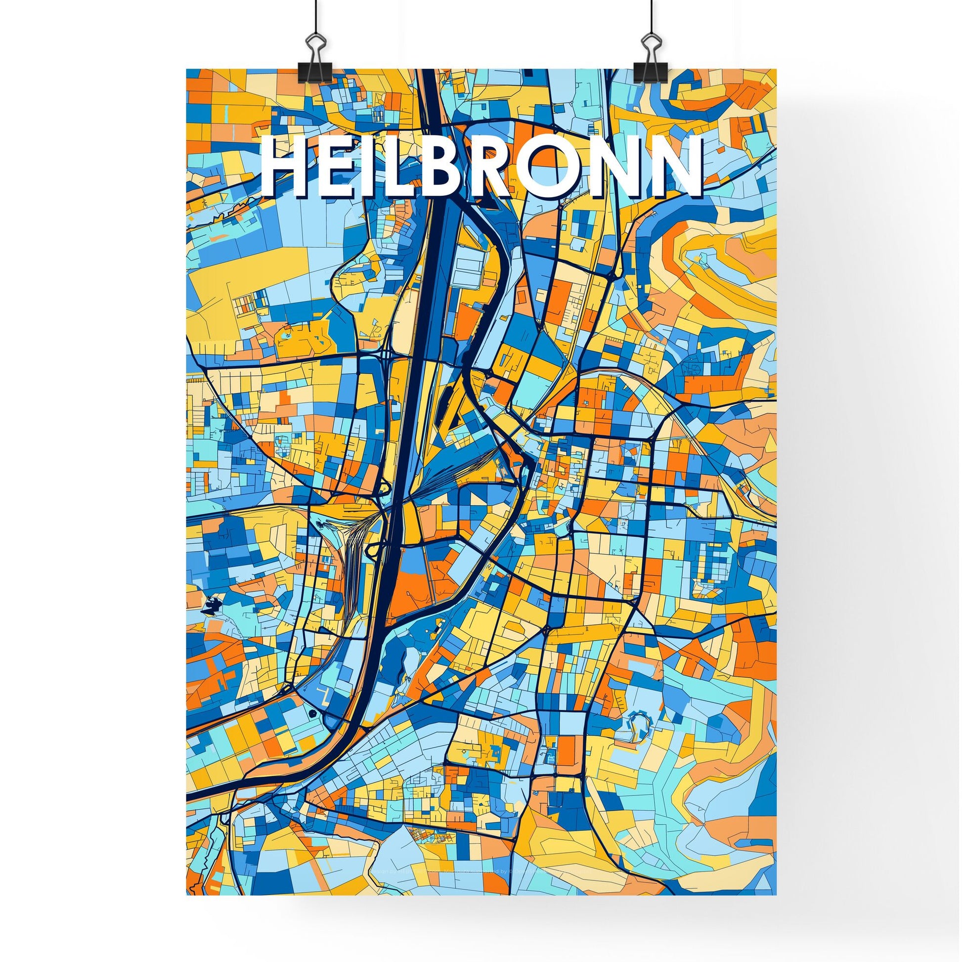 HEILBRONN GERMANY Vibrant Colorful Art Map Poster Blue Orange