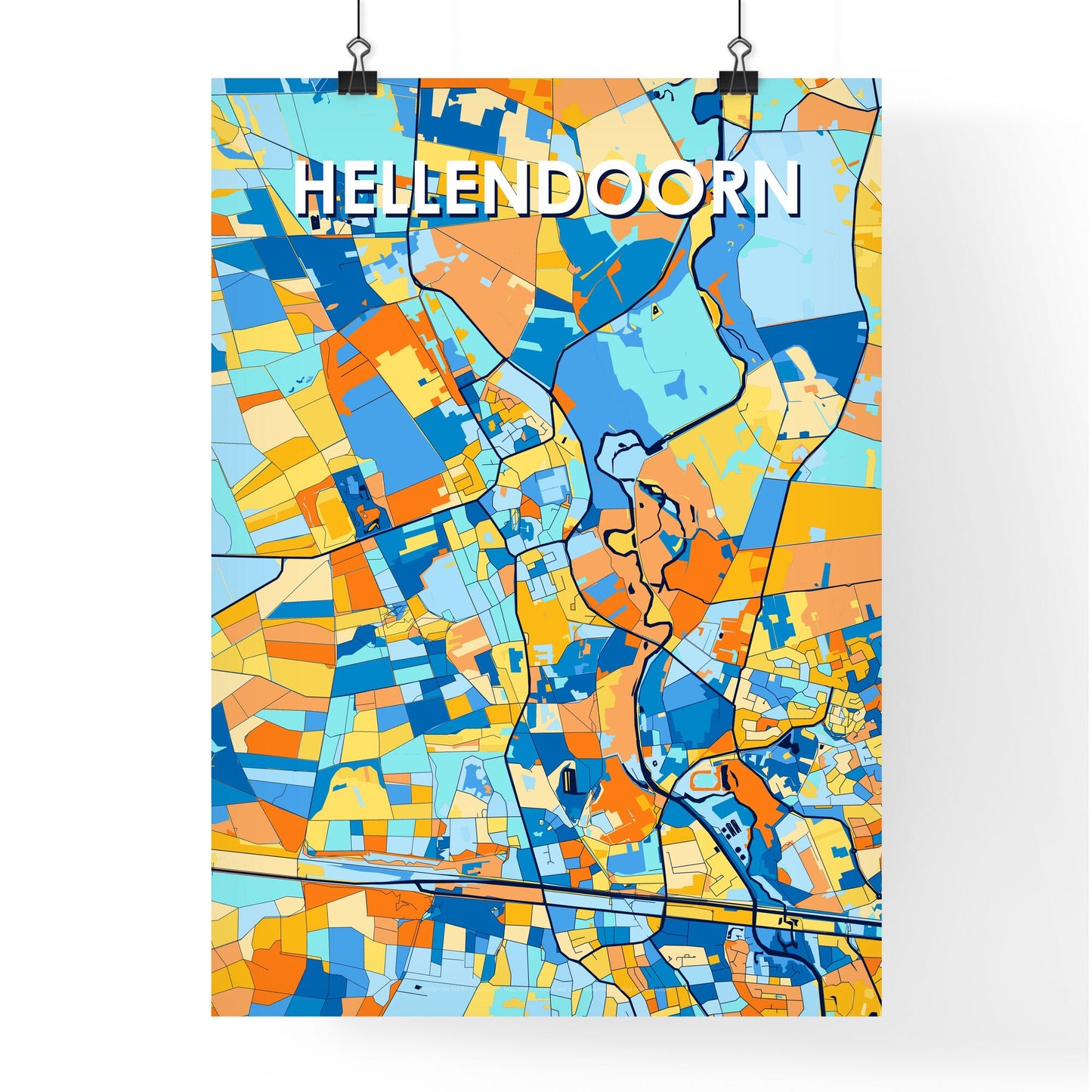 HELLENDOORN NETHERLANDS Vibrant Colorful Art Map Poster Blue Orange