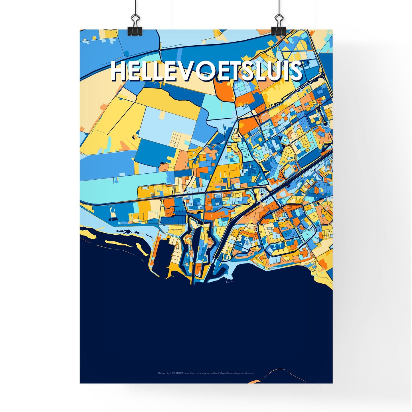 HELLEVOETSLUIS NETHERLANDS Vibrant Colorful Art Map Poster Blue Orange