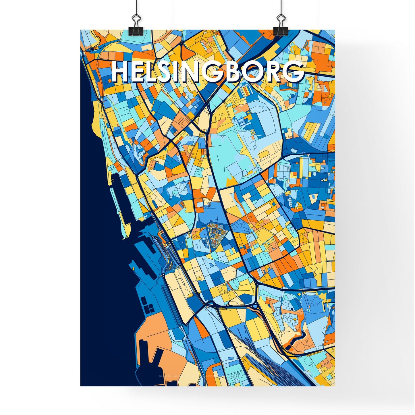 HELSINGBORG SWEDEN Vibrant Colorful Art Map Poster Blue Orange