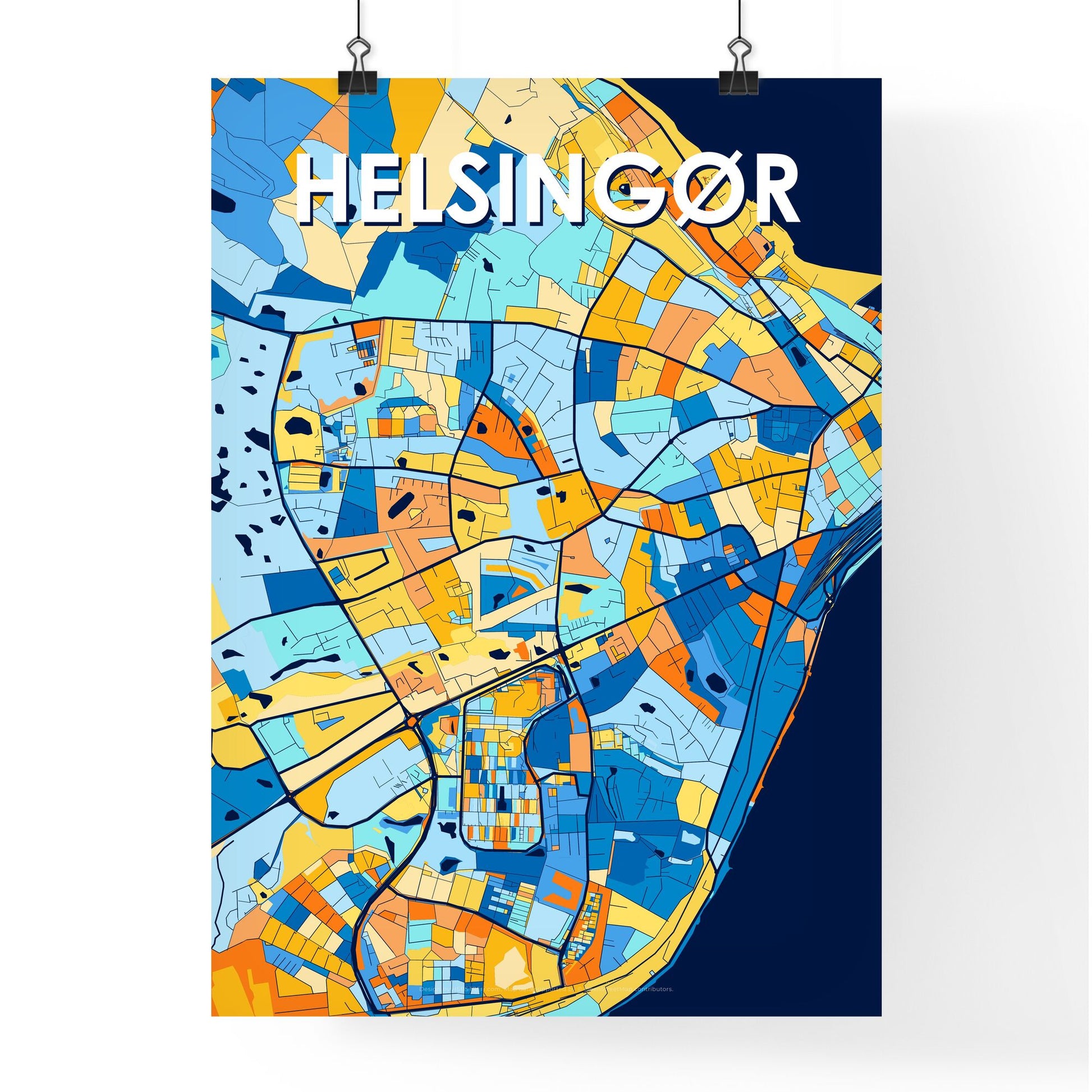 HELSINGØR DENMARK Vibrant Colorful Art Map Poster Blue Orange