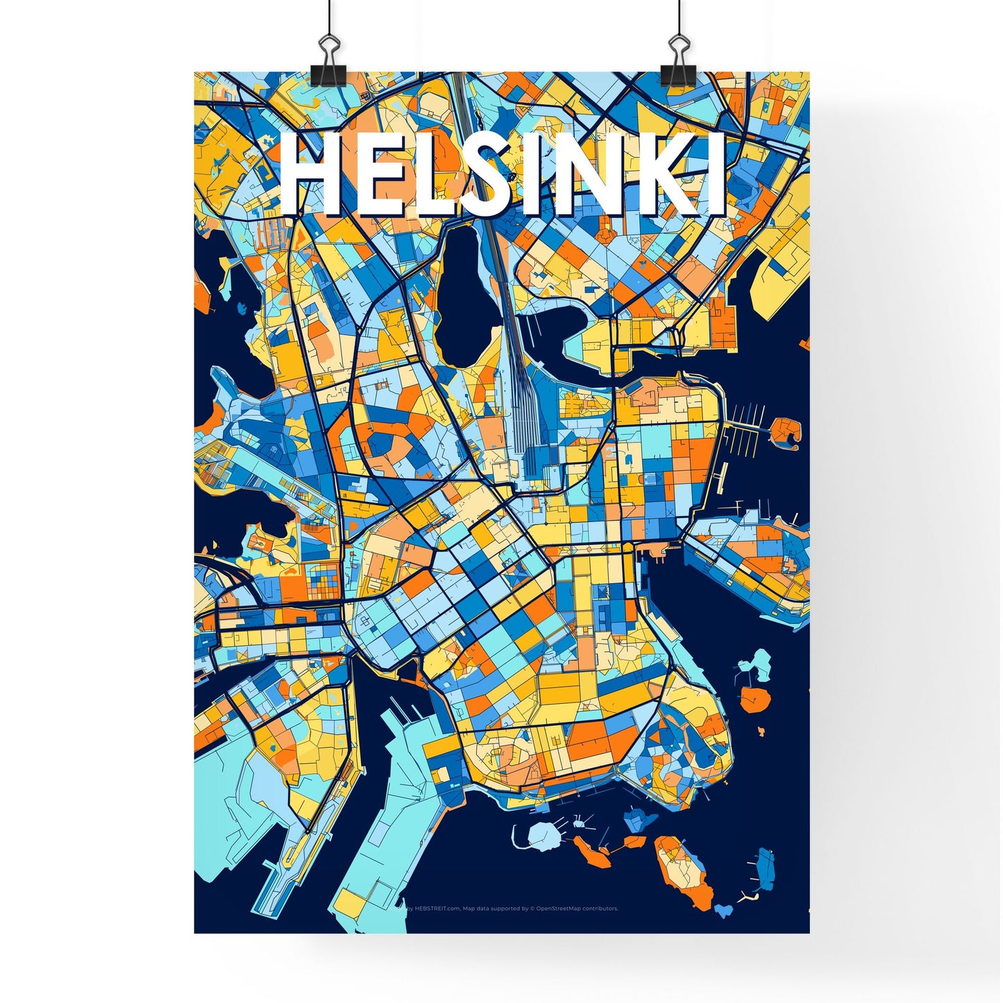 HELSINKI FINLAND Vibrant Colorful Art Map Poster Blue Orange