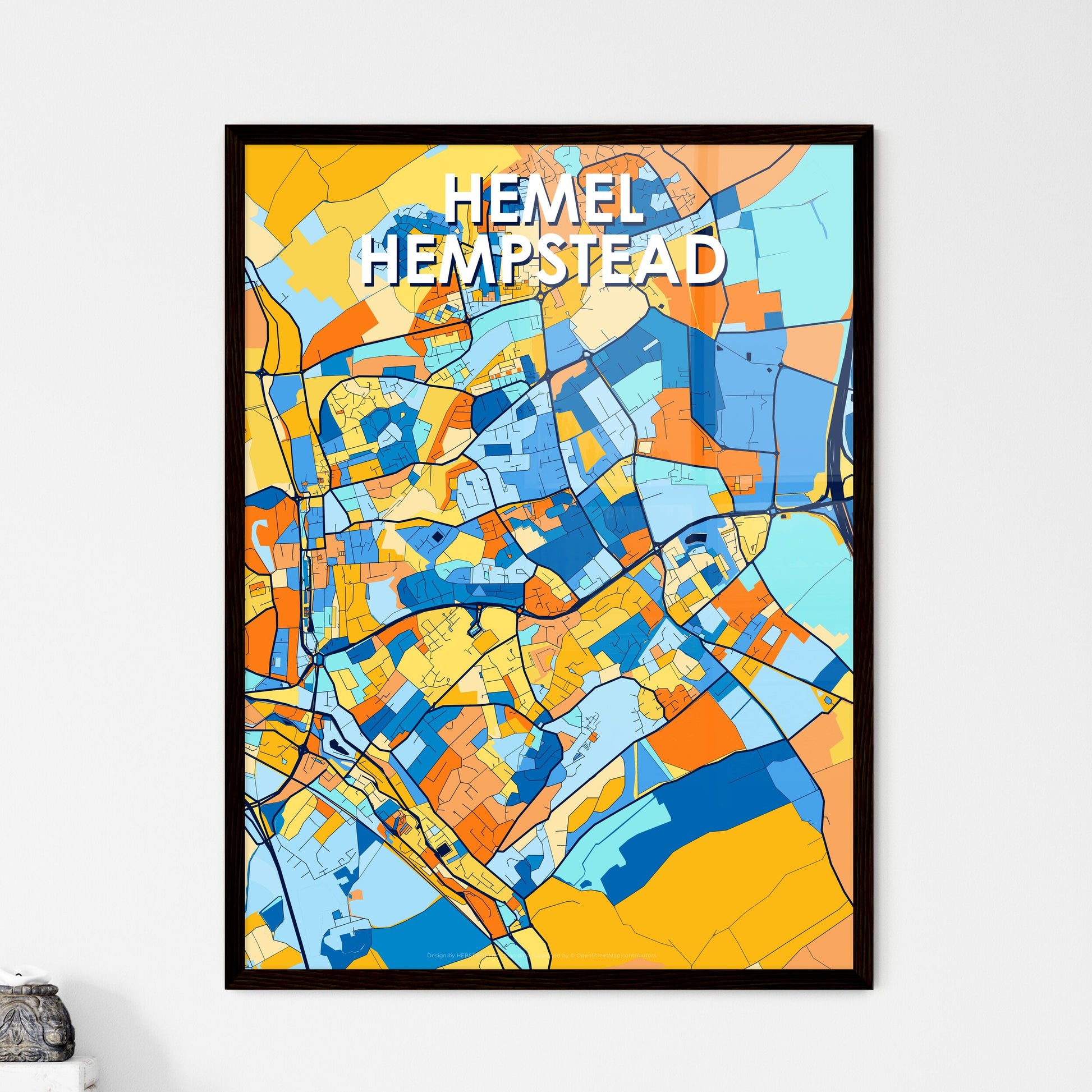 HEMEL HEMPSTEAD ENGLAND Vibrant Colorful Art Map Poster Blue Orange