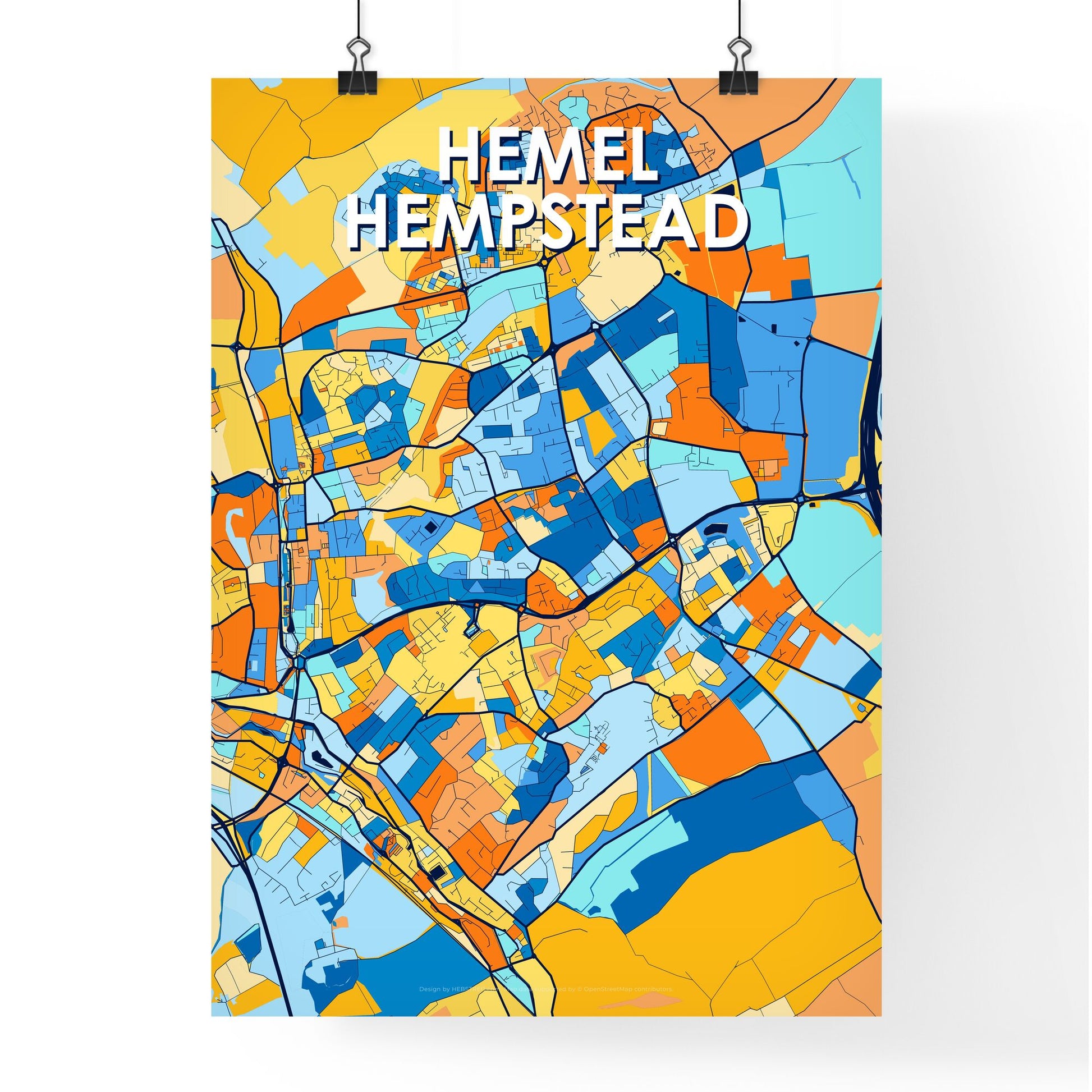 HEMEL HEMPSTEAD ENGLAND Vibrant Colorful Art Map Poster Blue Orange