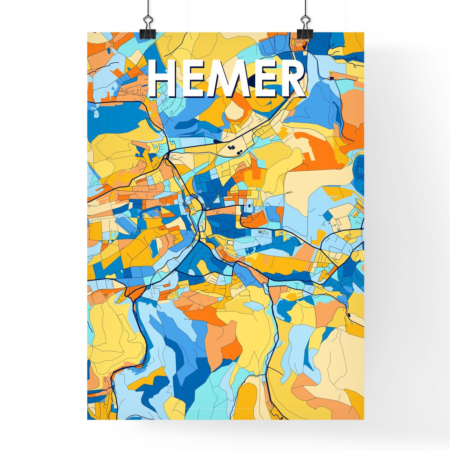 HEMER GERMANY Vibrant Colorful Art Map Poster Blue Orange