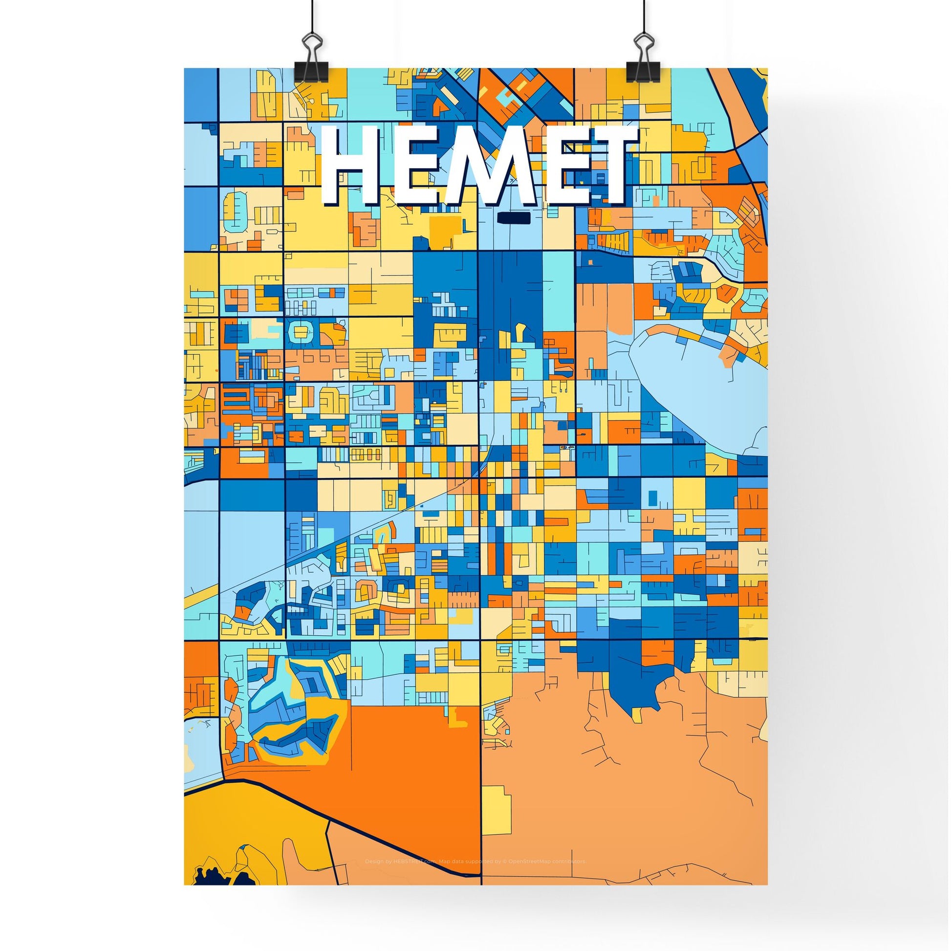 HEMET CALIFORNIA Vibrant Colorful Art Map Poster Blue Orange