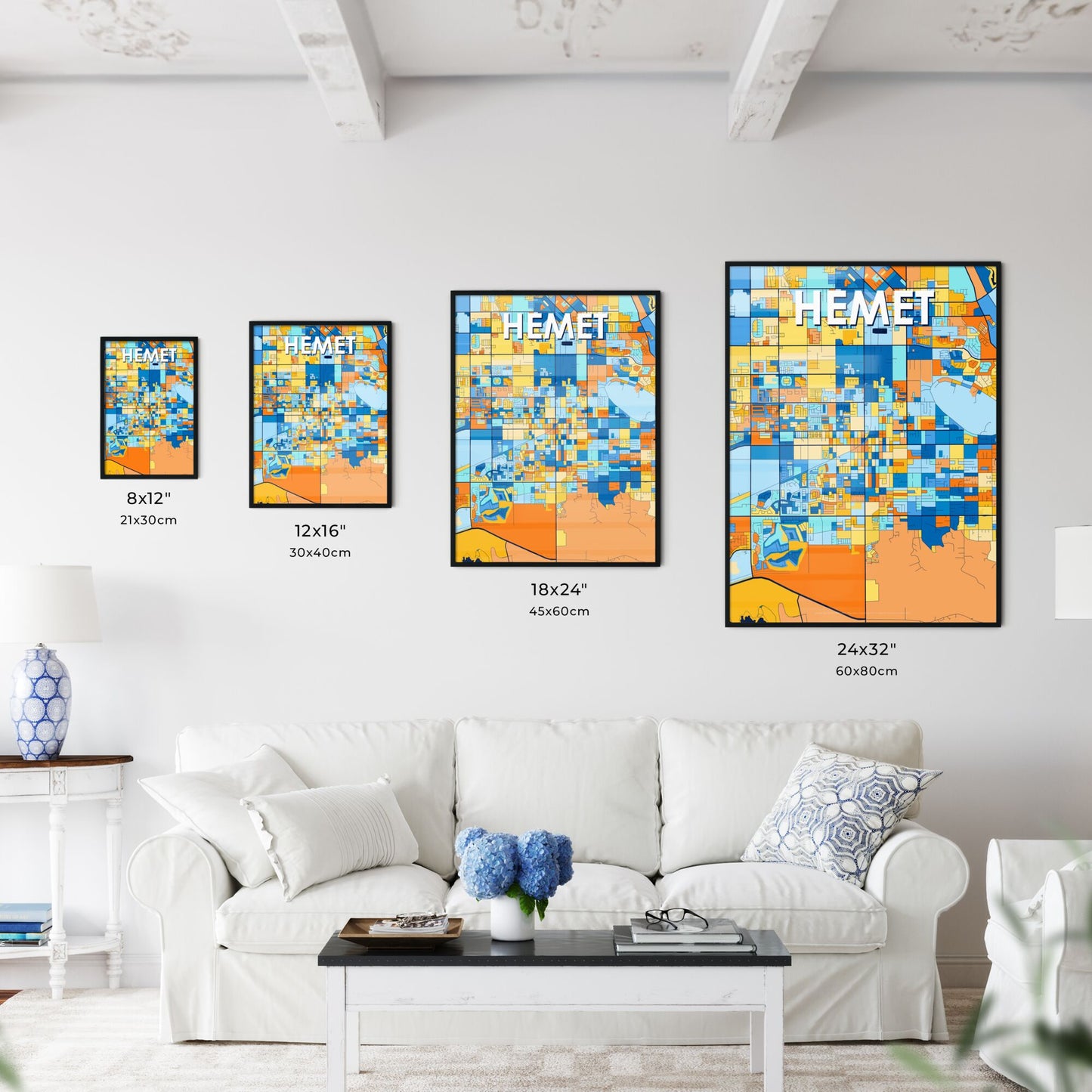 HEMET CALIFORNIA Vibrant Colorful Art Map Poster Blue Orange