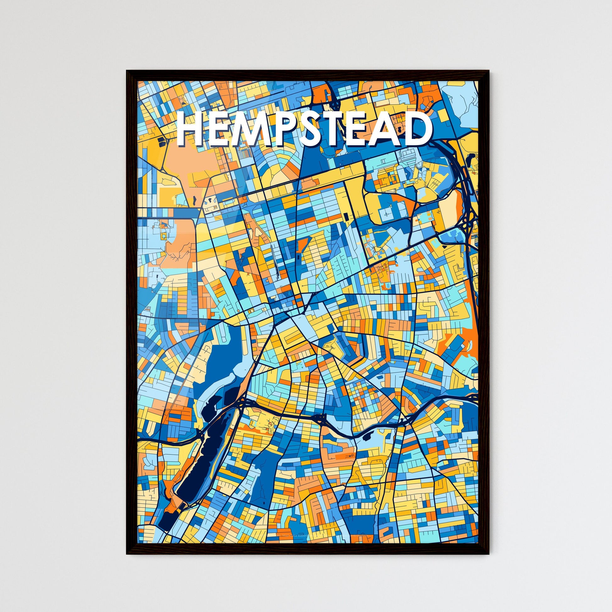 HEMPSTEAD NEW YORK Vibrant Colorful Art Map Poster Blue Orange