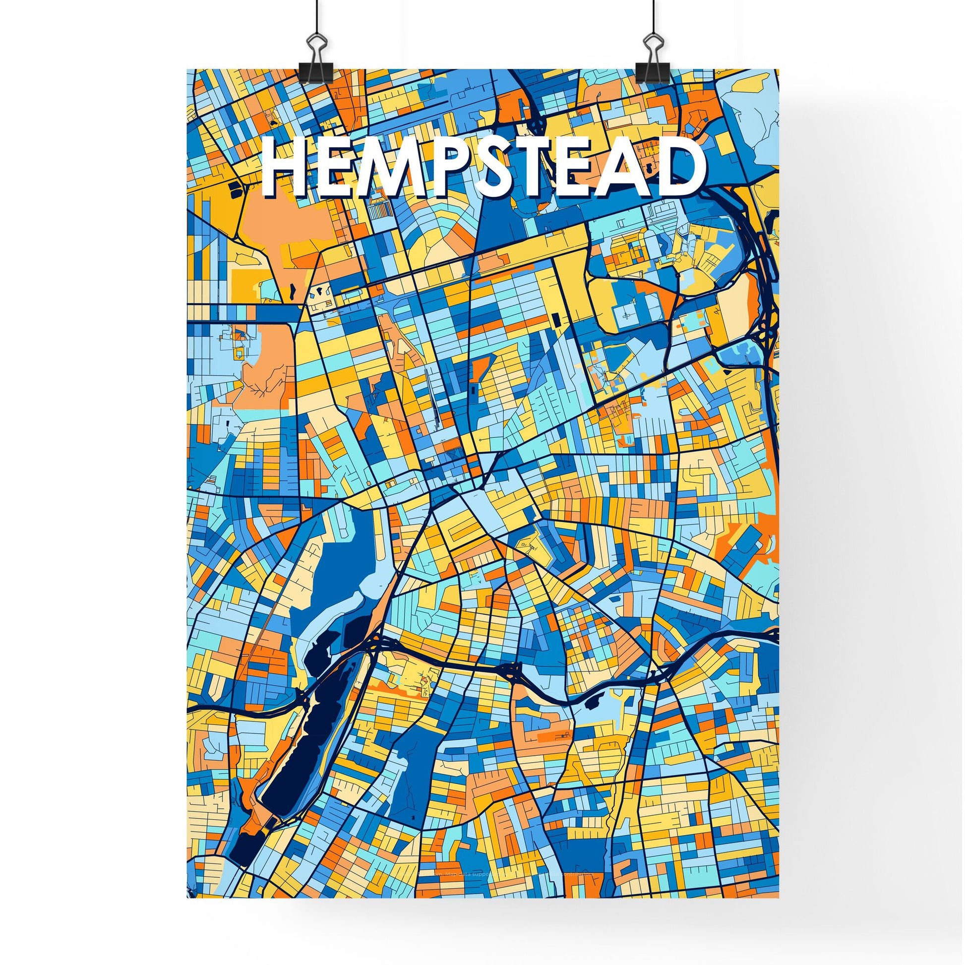 HEMPSTEAD NEW YORK Vibrant Colorful Art Map Poster Blue Orange