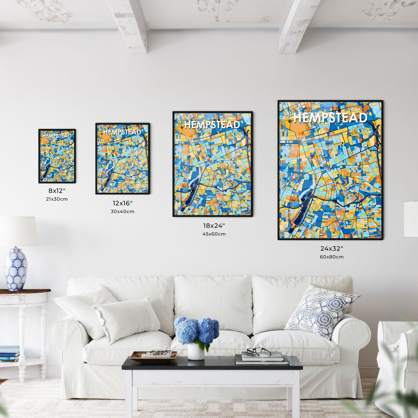 HEMPSTEAD NEW YORK Vibrant Colorful Art Map Poster Blue Orange