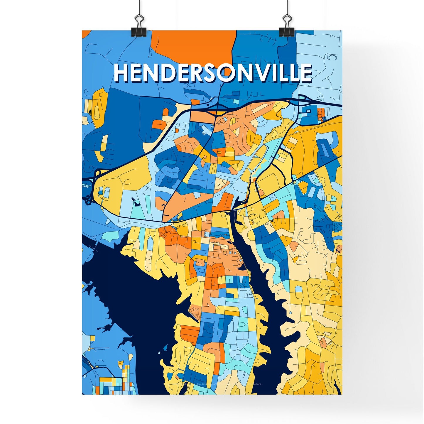 HENDERSONVILLE TENNESSEE Vibrant Colorful Art Map Poster Blue Orange