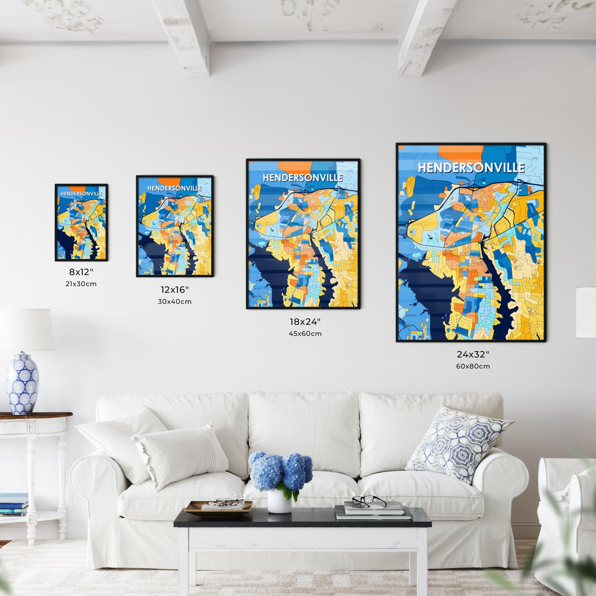 HENDERSONVILLE TENNESSEE Vibrant Colorful Art Map Poster Blue Orange