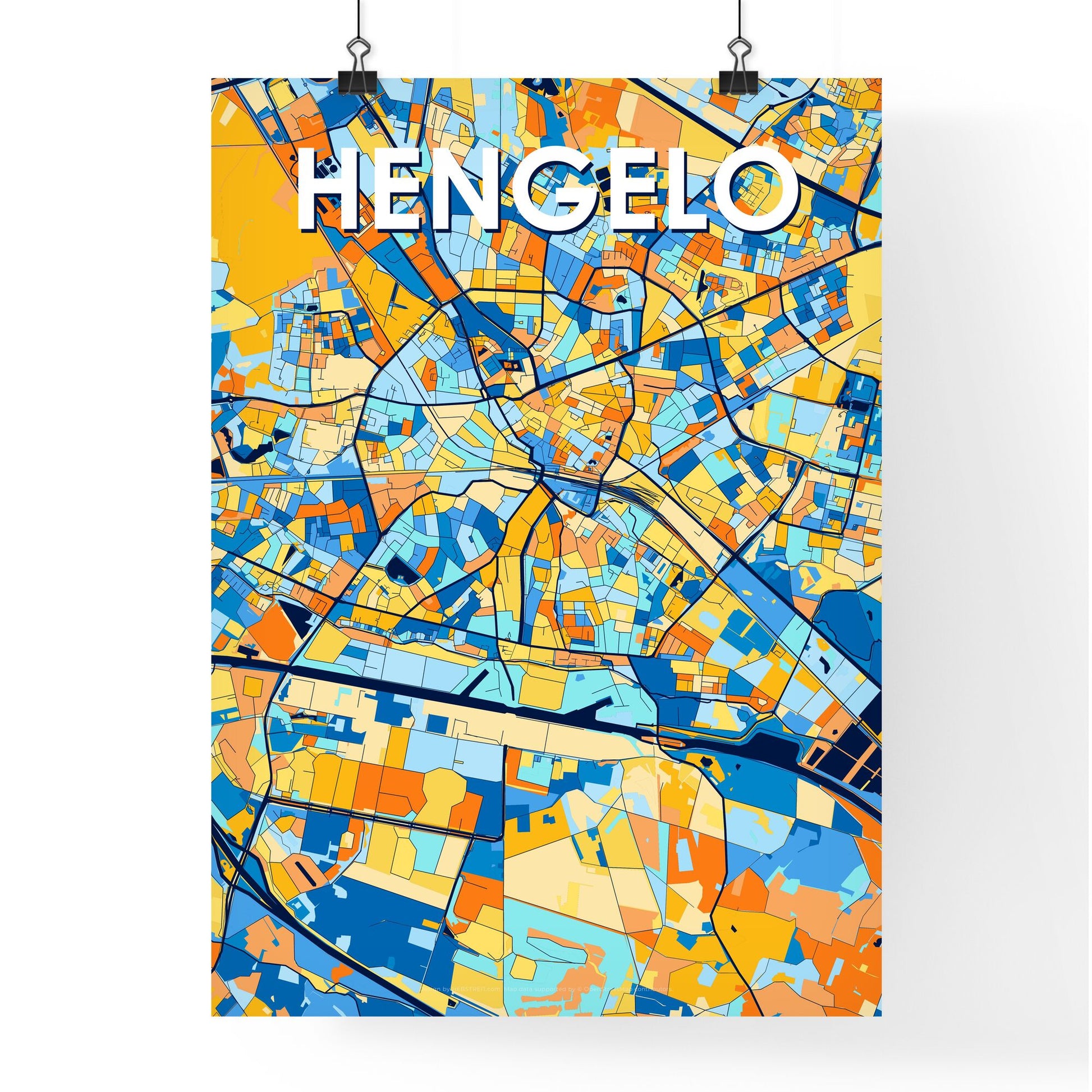 HENGELO NETHERLANDS Vibrant Colorful Art Map Poster Blue Orange