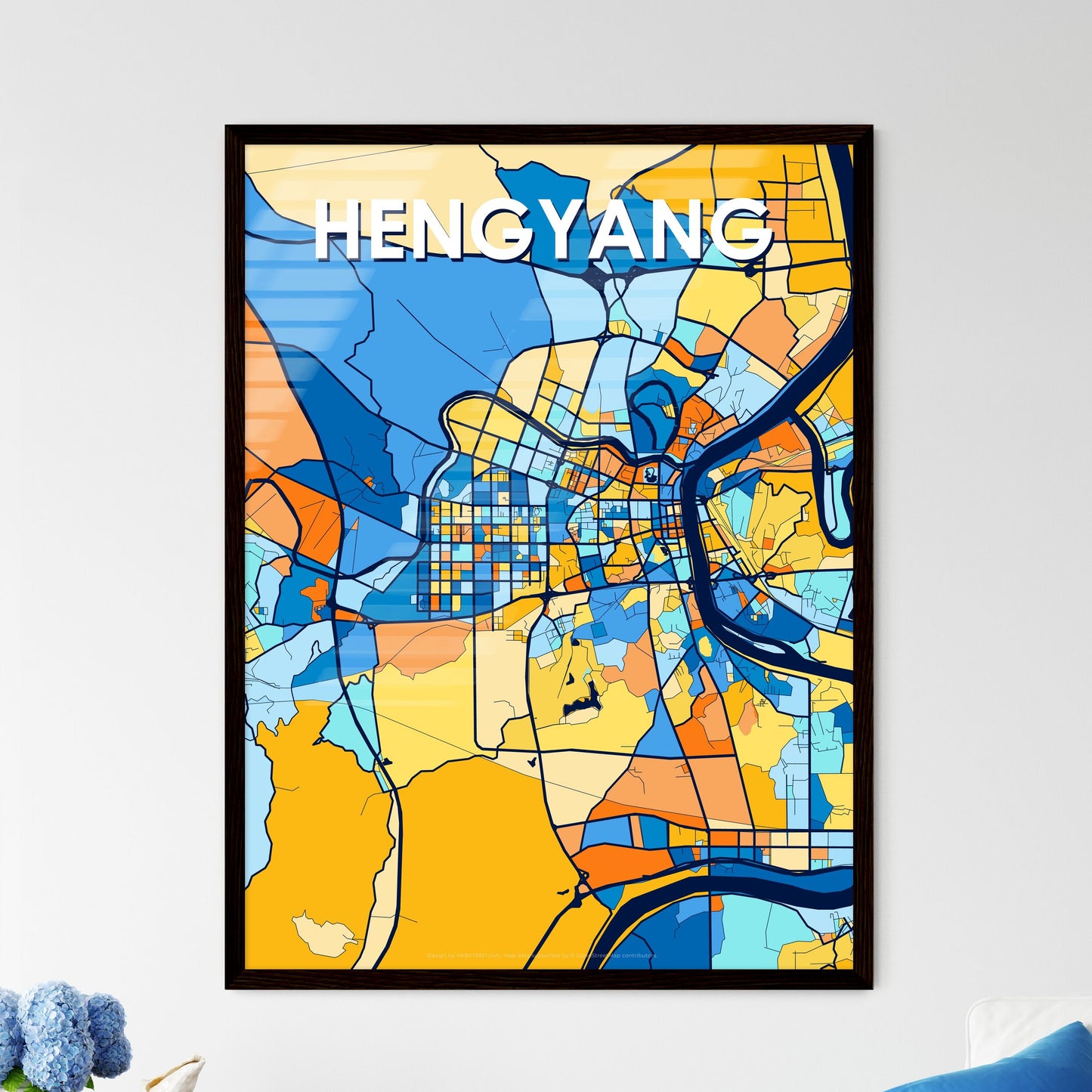 HENGYANG CHINA Vibrant Colorful Art Map Poster Blue Orange