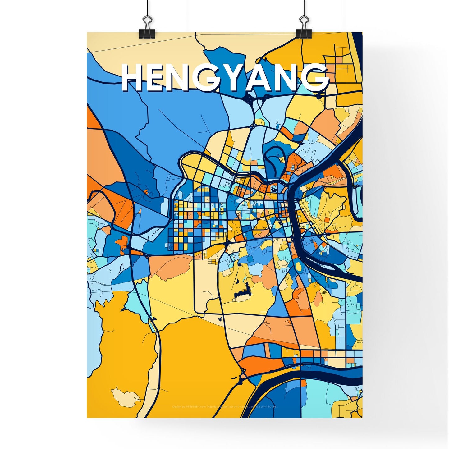 HENGYANG CHINA Vibrant Colorful Art Map Poster Blue Orange