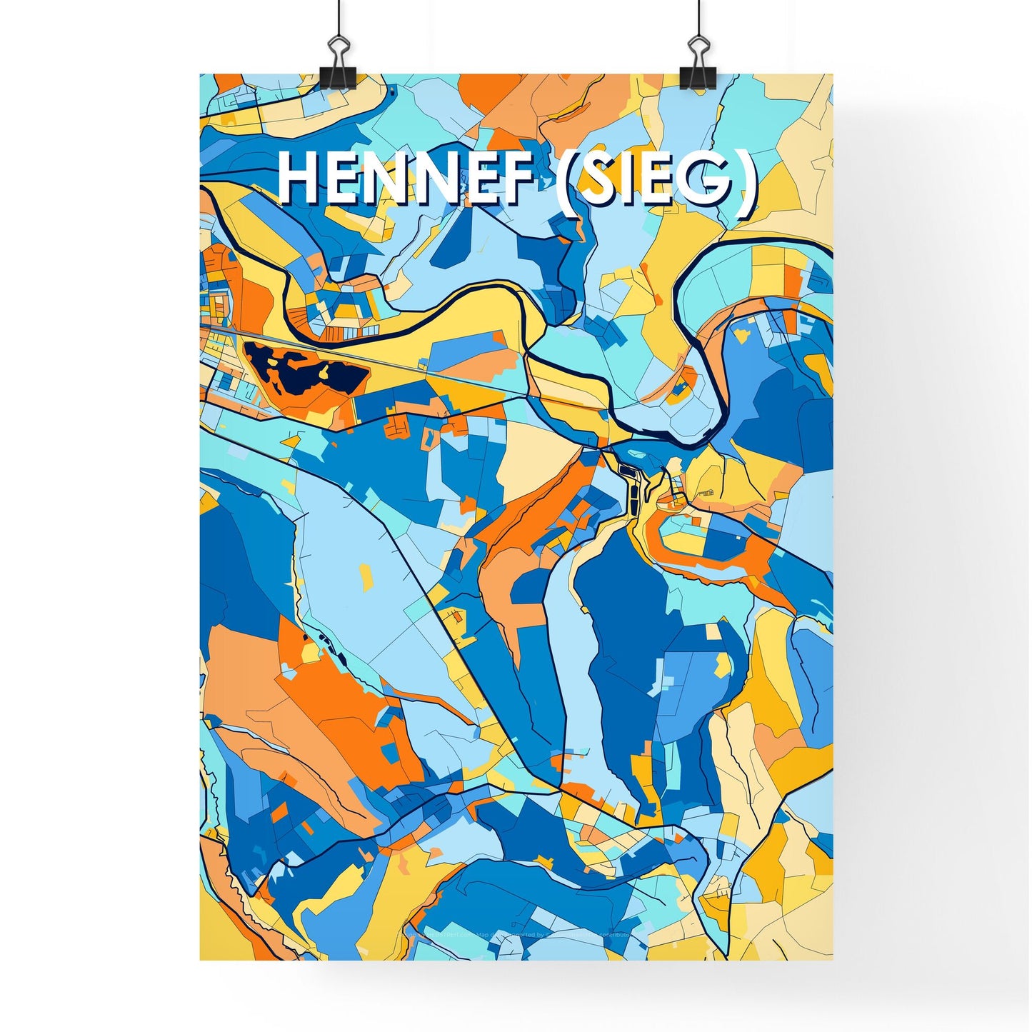 HENNEF (SIEG) GERMANY Vibrant Colorful Art Map Poster Blue Orange