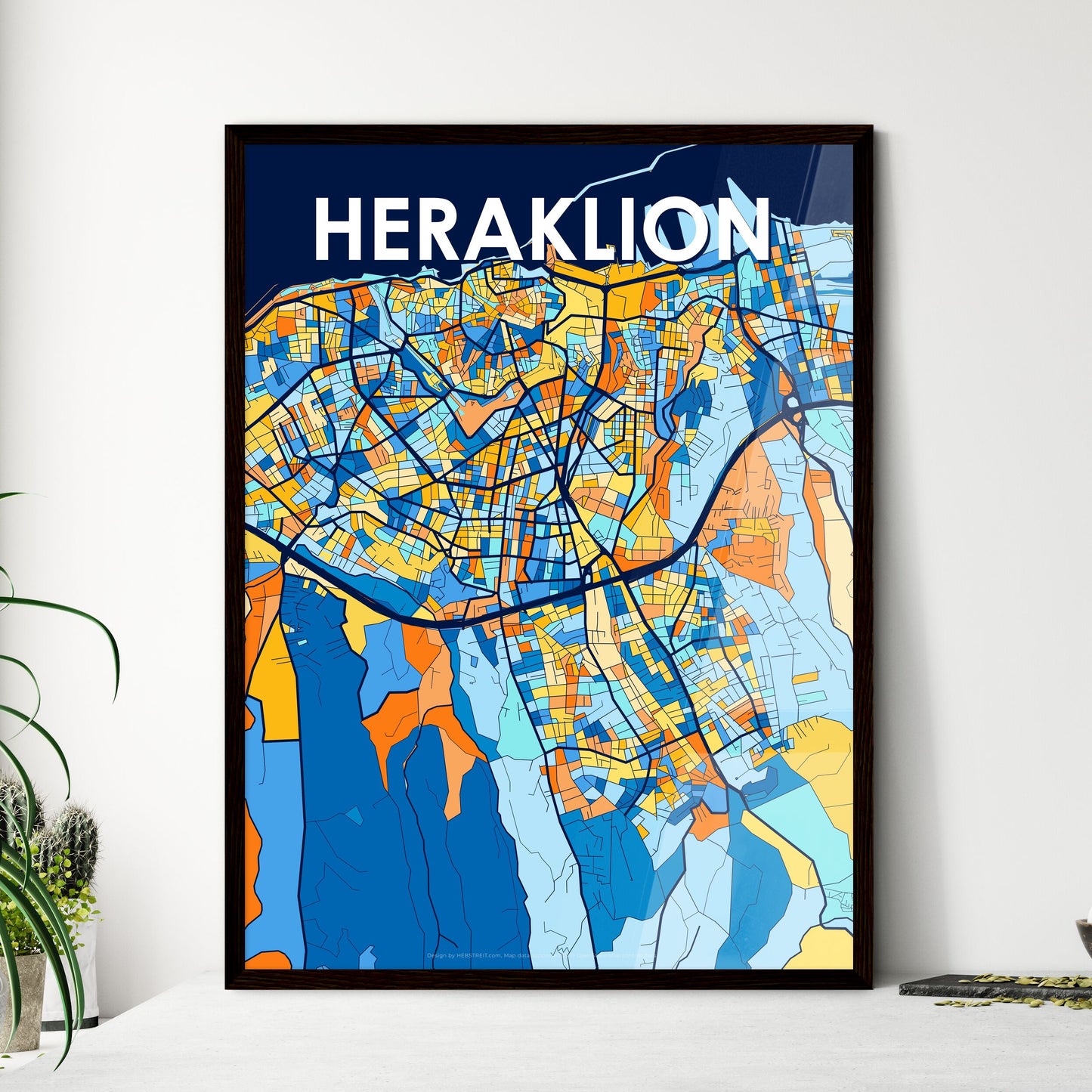 HERAKLION GREECE Vibrant Colorful Art Map Poster Blue Orange