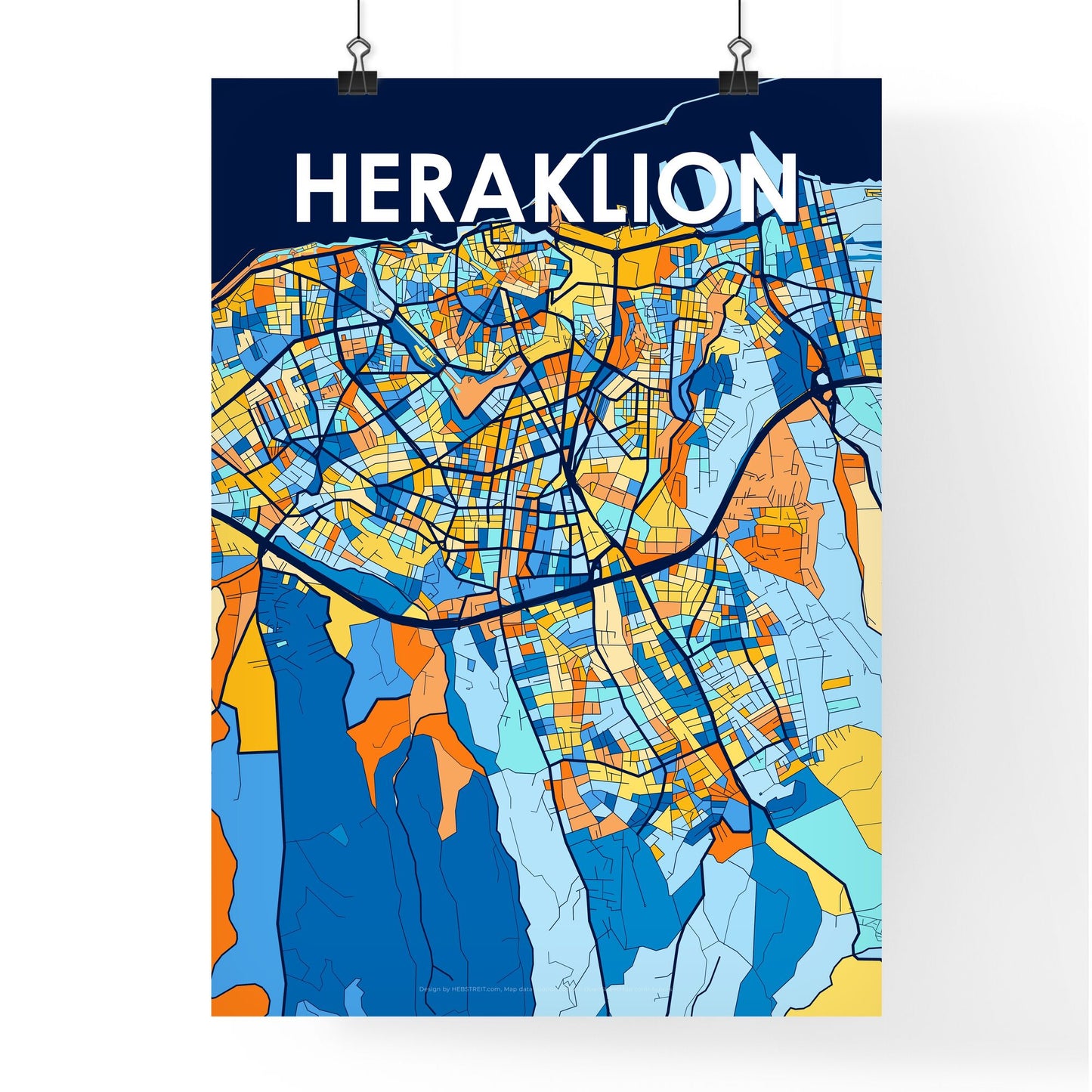 HERAKLION GREECE Vibrant Colorful Art Map Poster Blue Orange