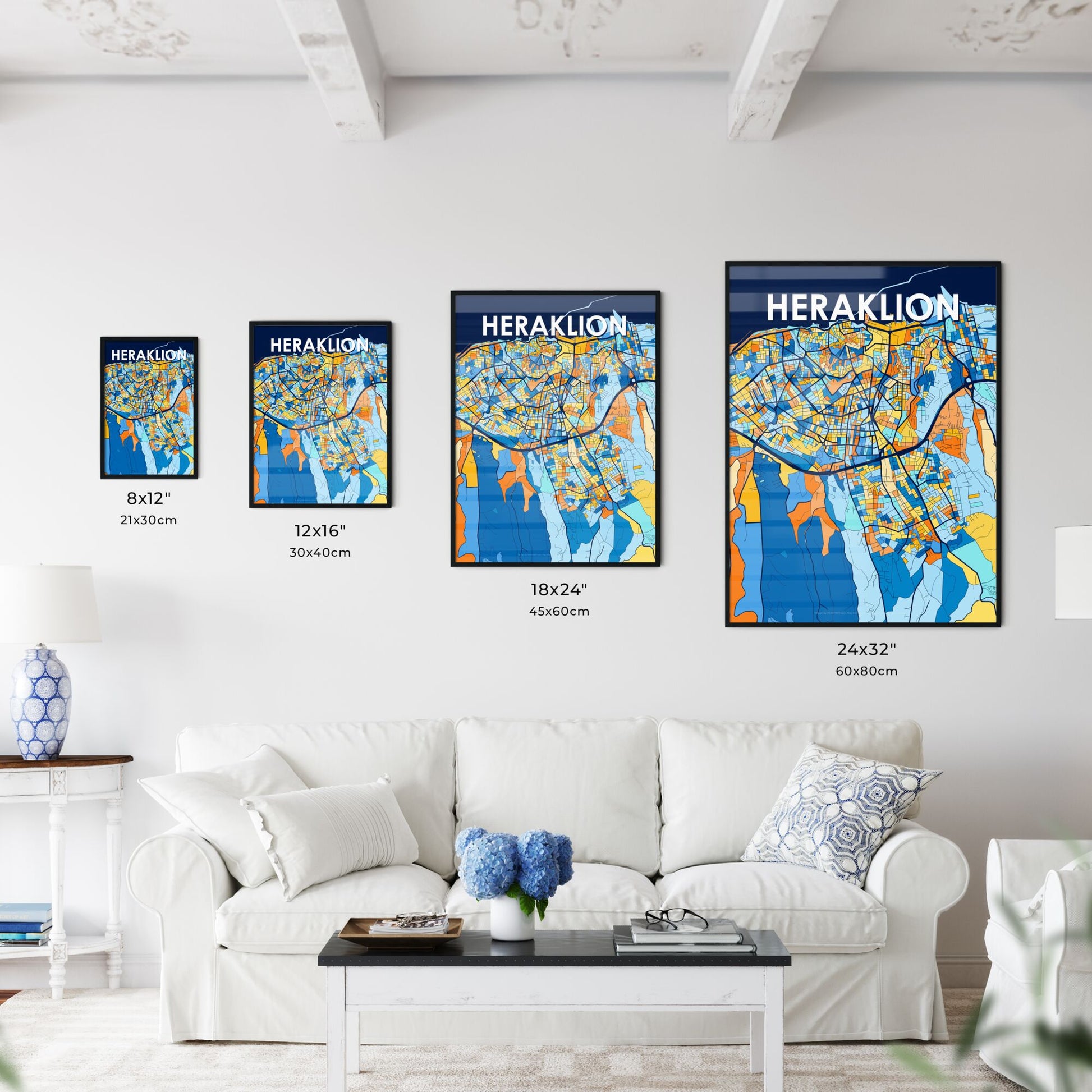 HERAKLION GREECE Vibrant Colorful Art Map Poster Blue Orange