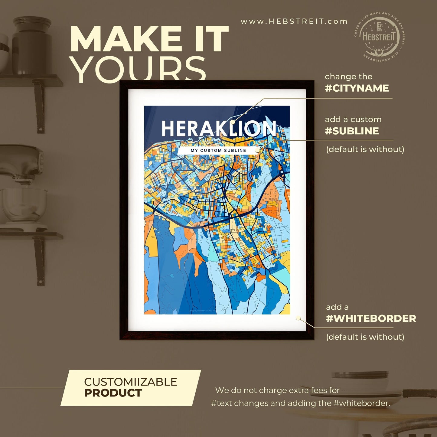 HERAKLION GREECE Vibrant Colorful Art Map Poster Blue Orange