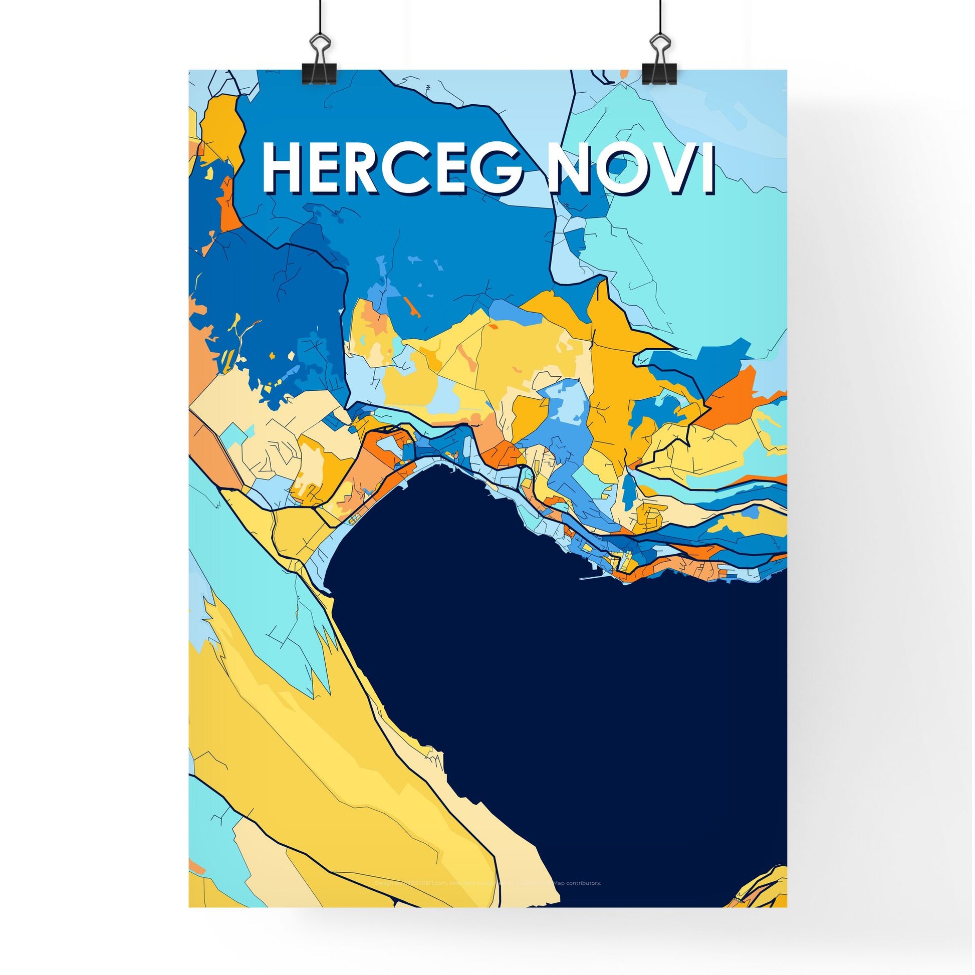 HERCEG NOVI MONTENEGRO Vibrant Colorful Art Map Poster Blue Orange