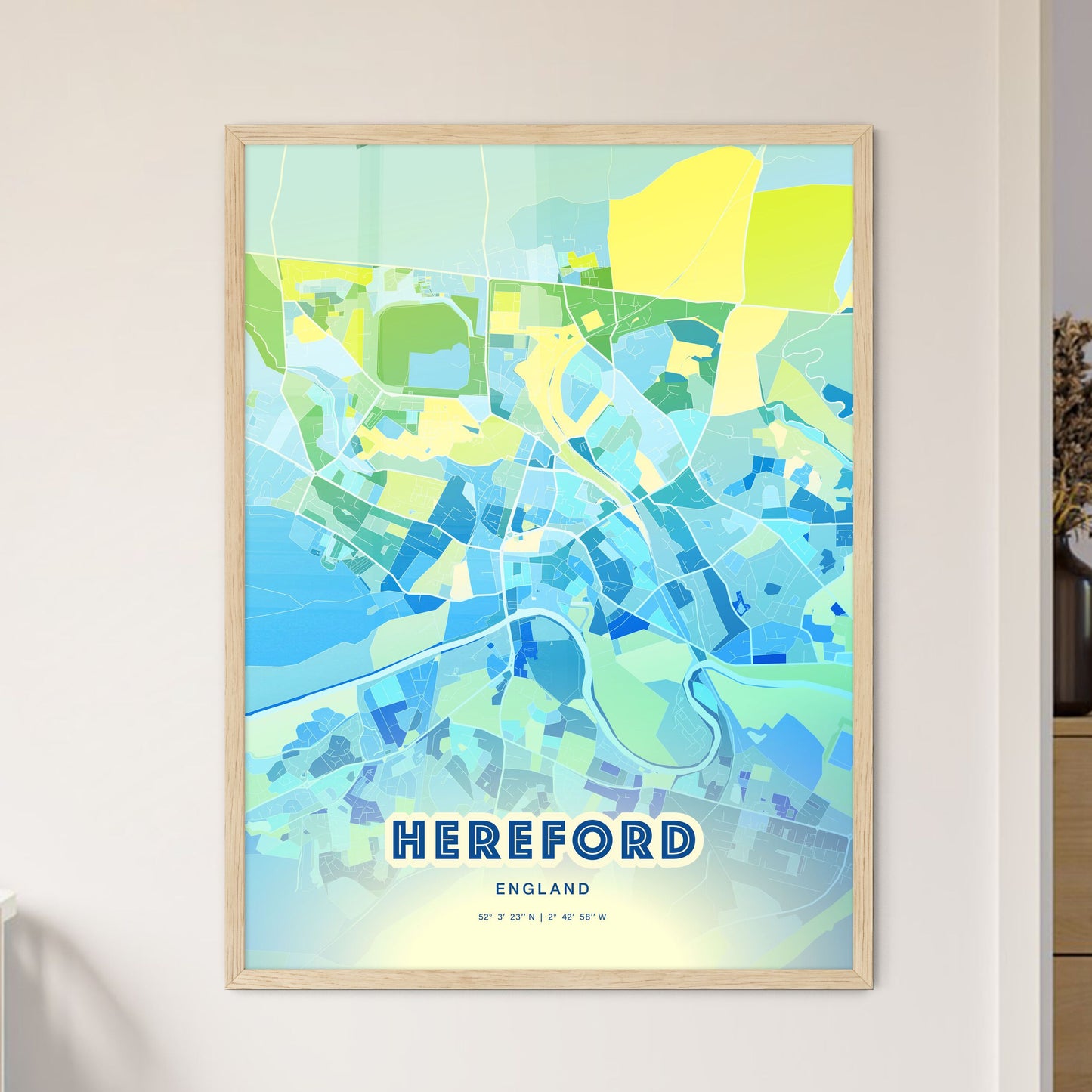 Colorful Hereford England Fine Art Map Cool Blue